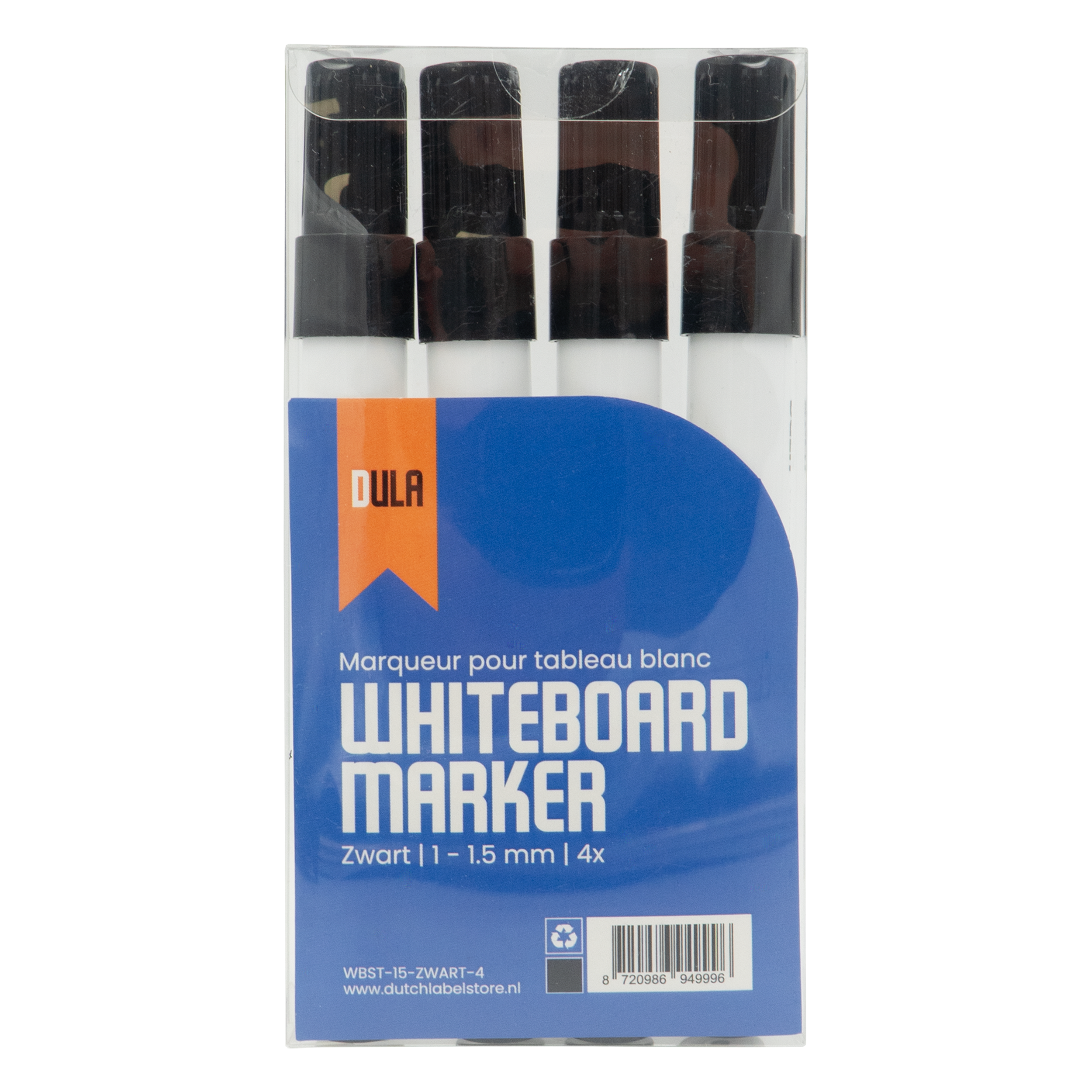 Een verpakking van vier whiteboard markers. De verpakking heeft een blauwe achtergrond met witte tekst, de markers zijn zwart en wit.
