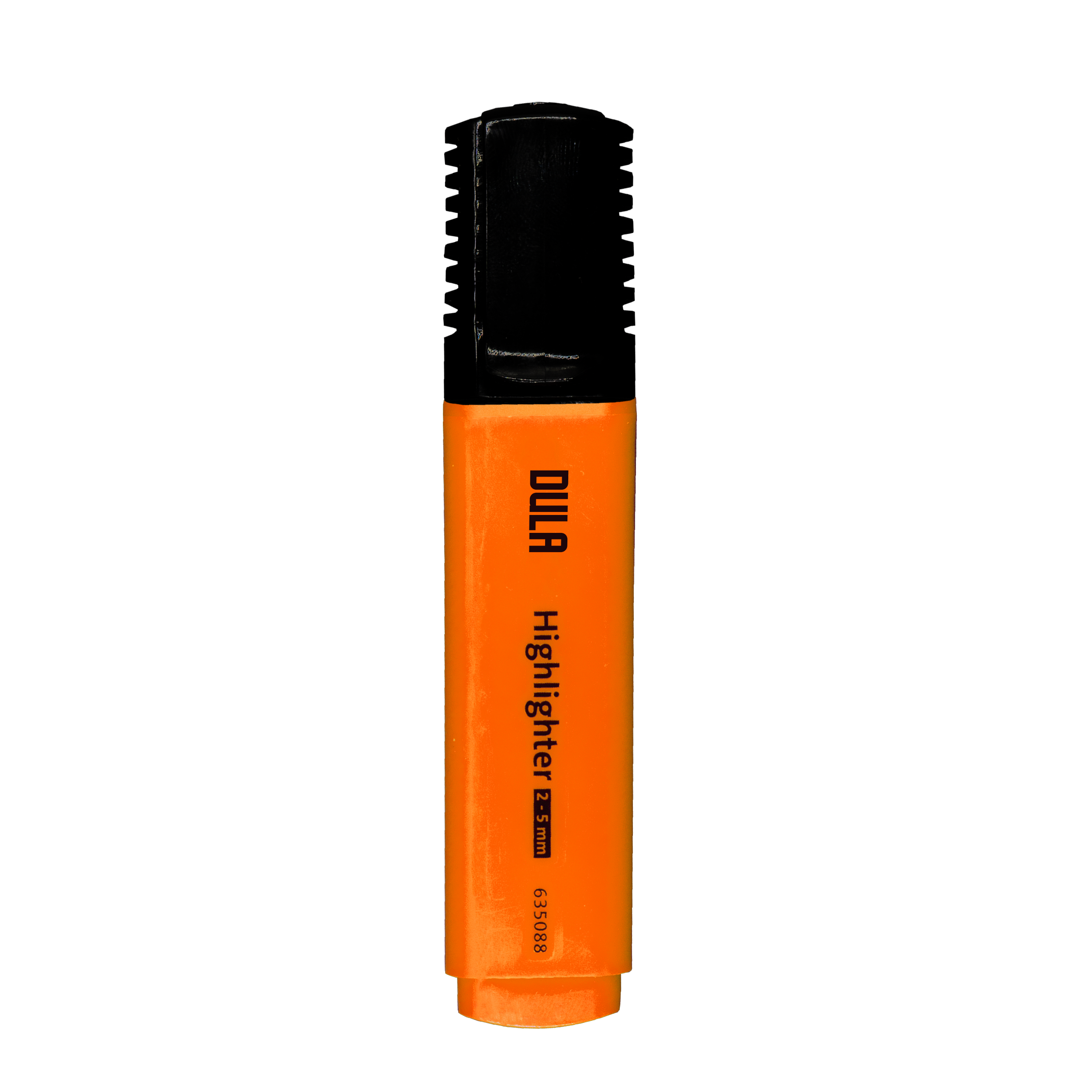 Een oranje DULA markeerstift met een zwarte punt. De stift staat verticaal en de achtergrond is wit.
