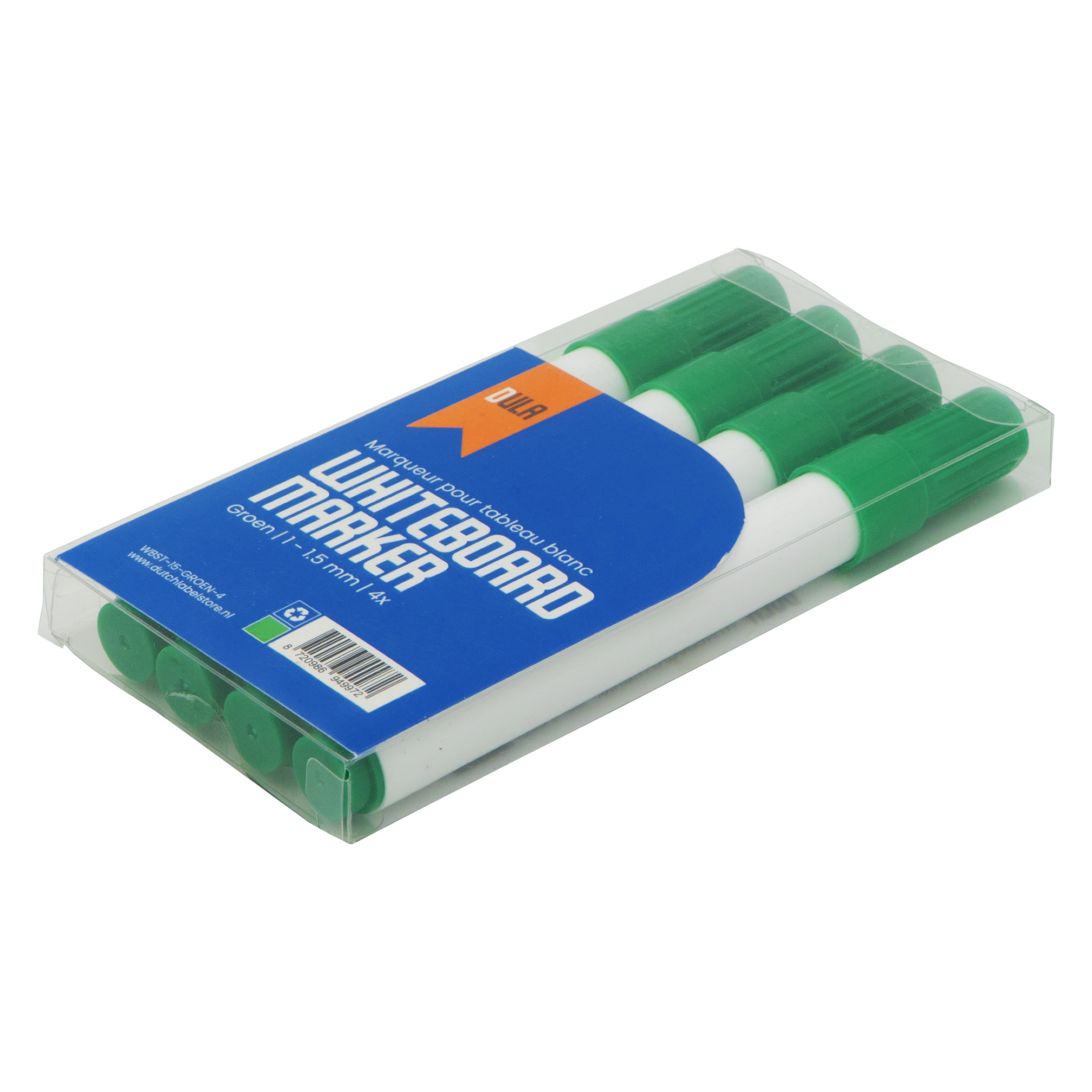 Een verpakking groen-witte whiteboard markers in een doorzichtige plastic hoes, met blauw label.