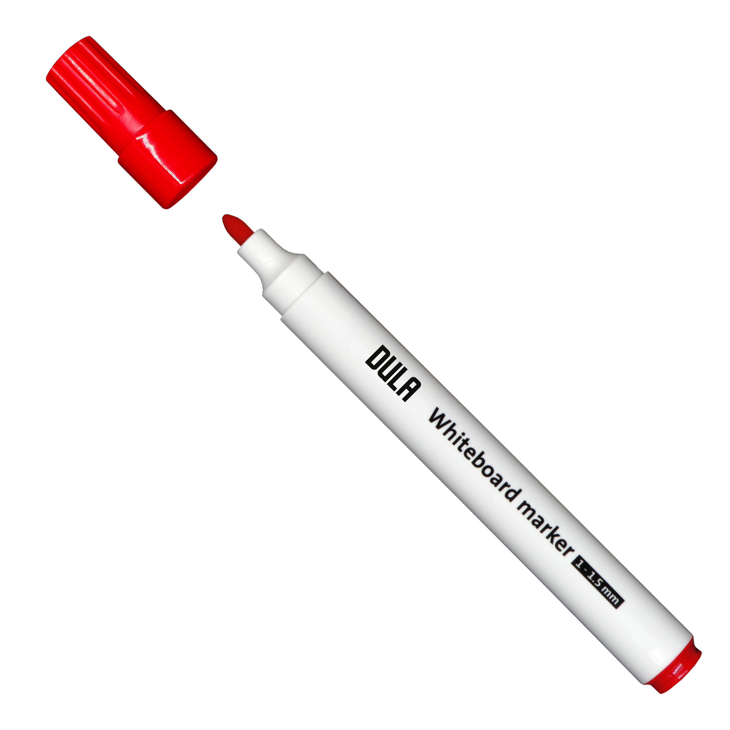Een witte whiteboardmarker met een rode dop, de dop is open. De punt van de marker is zichtbaar.