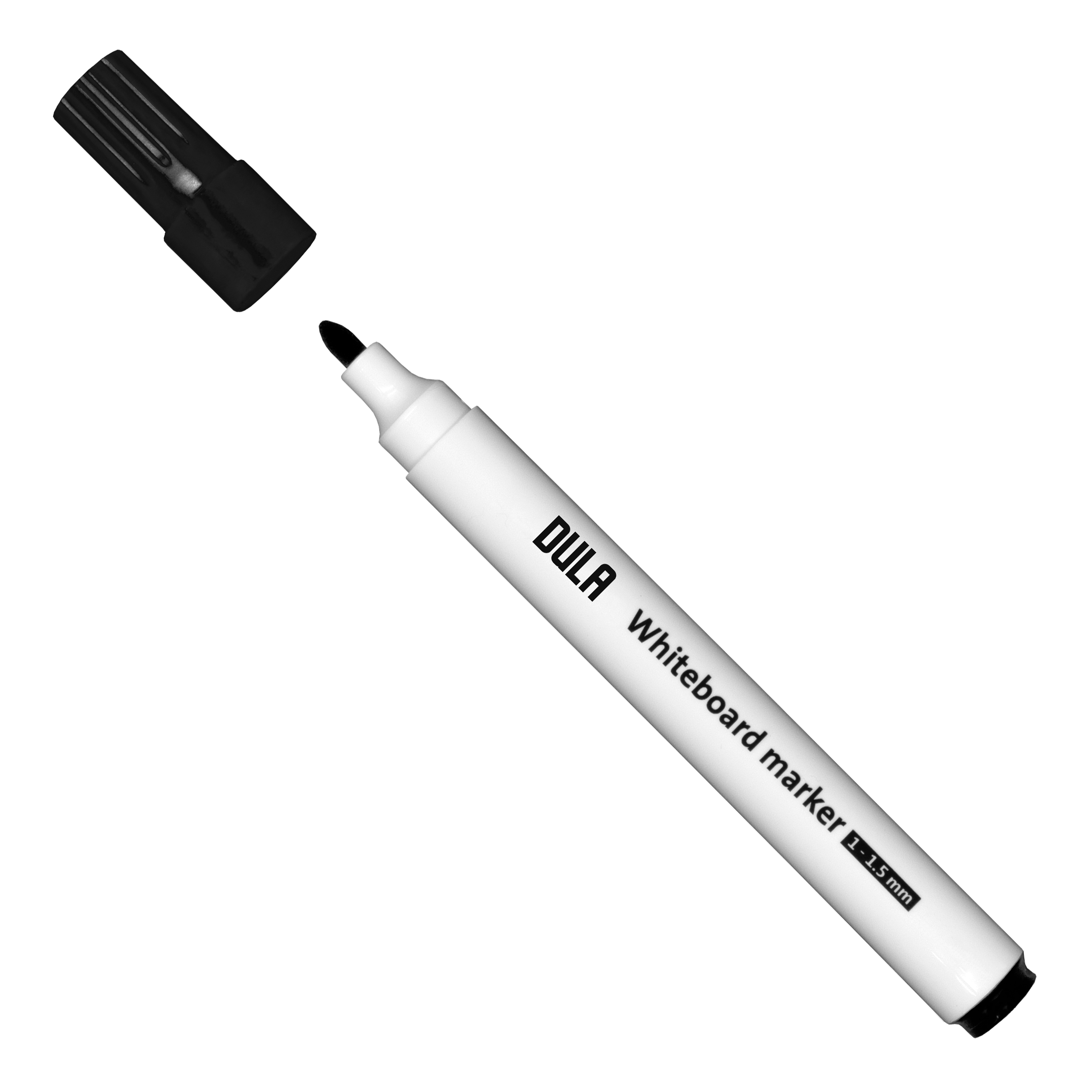 Whiteboardmarker met een zwarte dop. De marker is wit met zwarte inkt. De dop is los.