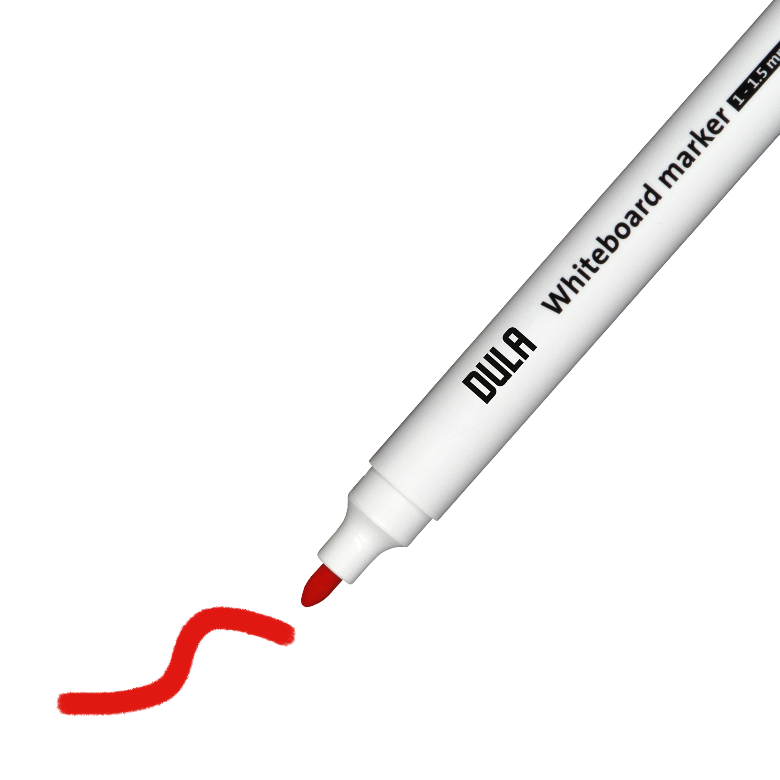 Een witte whiteboardmarker met rode punt, die een rode gebogen lijn op een witte achtergrond tekent.