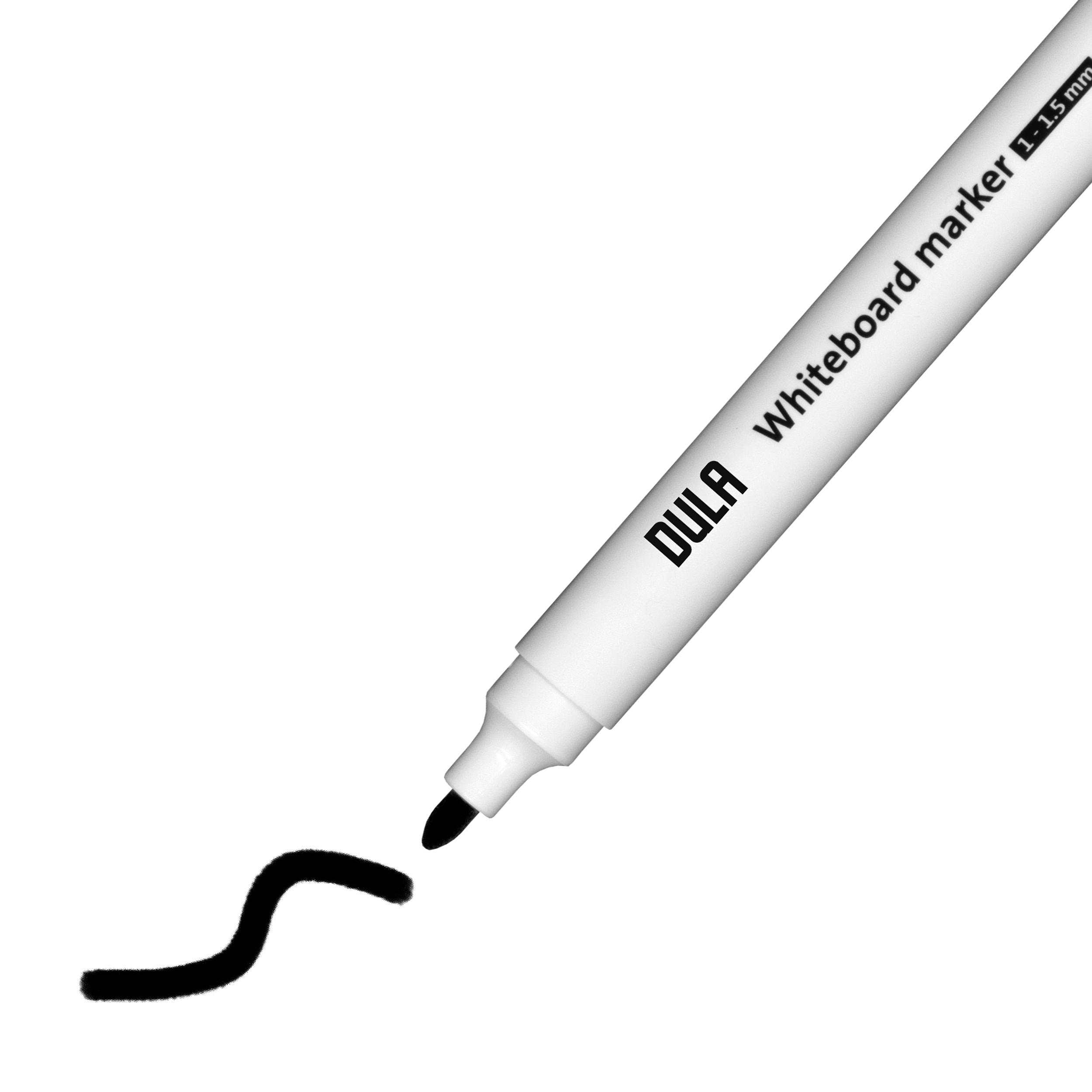 Een witte whiteboardmarker met zwarte punt tekent een gebogen zwarte lijn op een witte achtergrond.