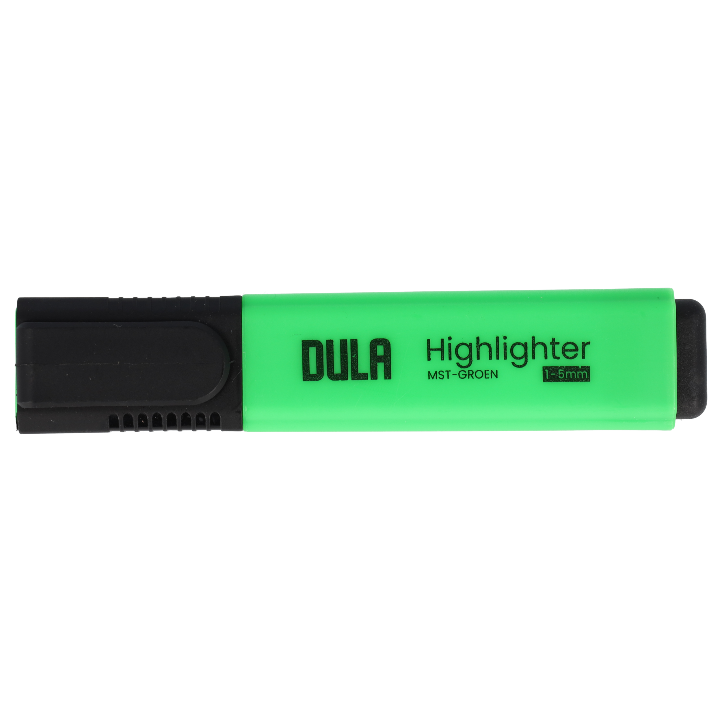Een groene markeerstift met zwarte punten en de tekst 'DULA Highlighter'.