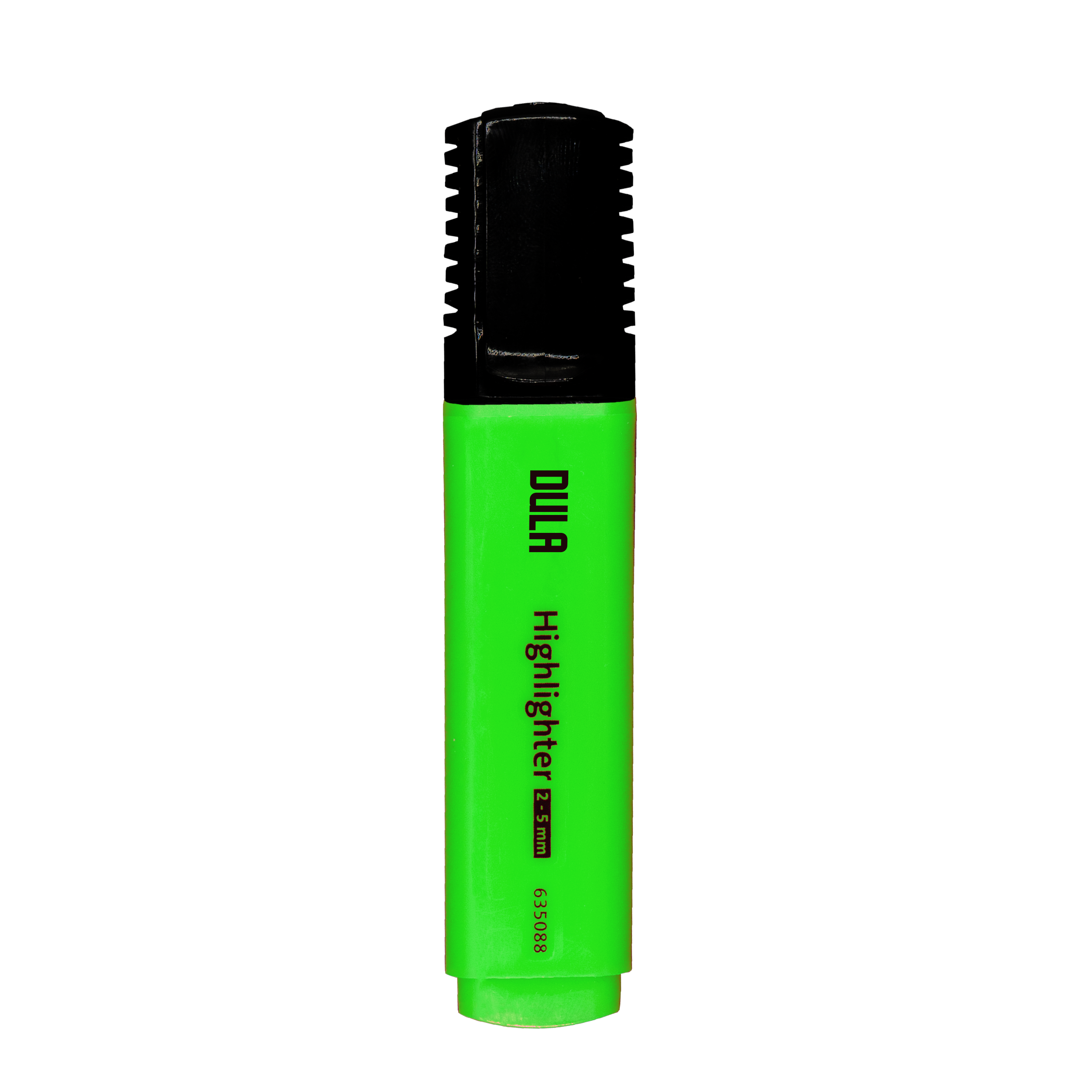 Een groene DULA markeerstift met zwarte punt, tegen een witte achtergrond.