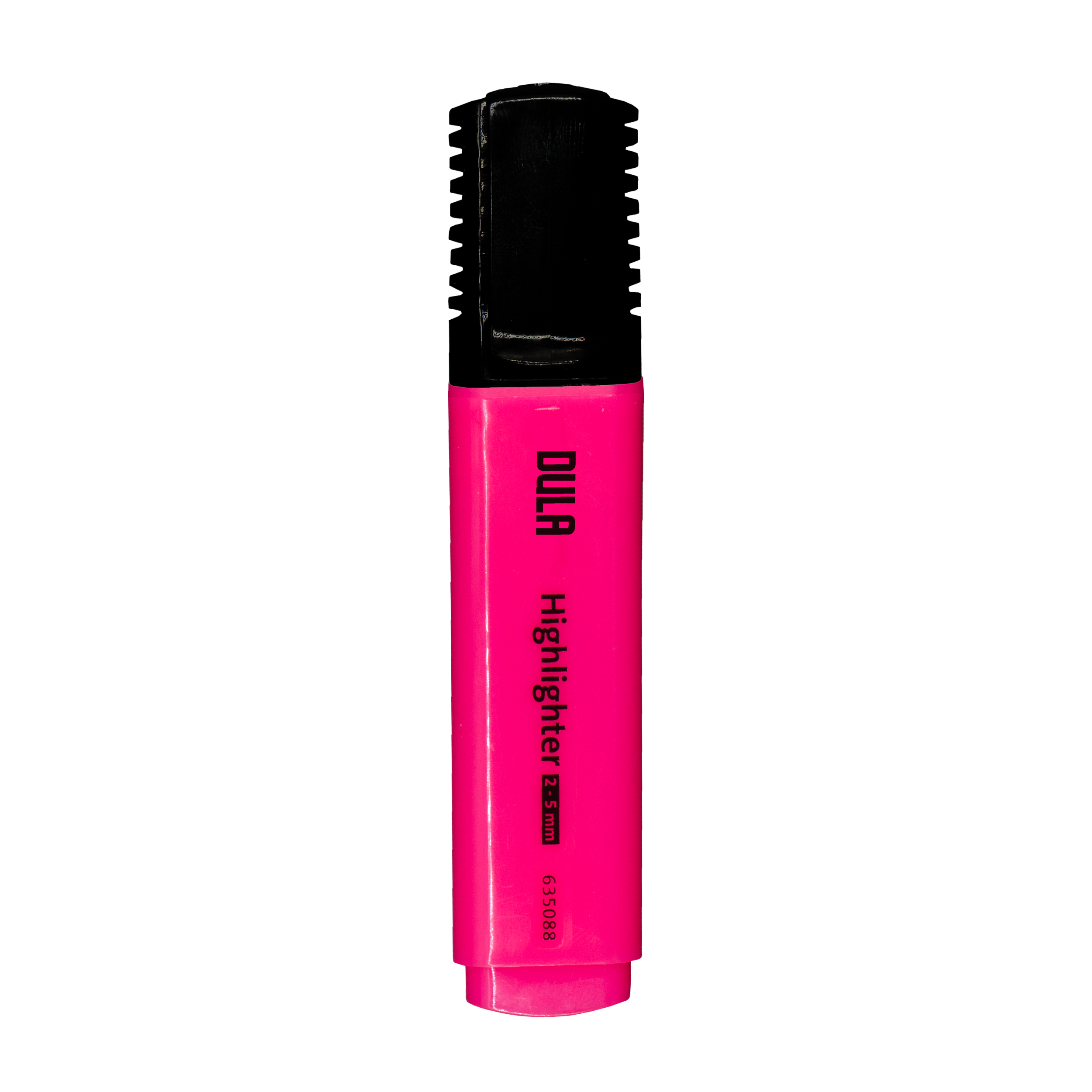 Een roze markeerstift met een zwarte dop. Het heeft de merknaam DULA. Er is een witte achtergrond.