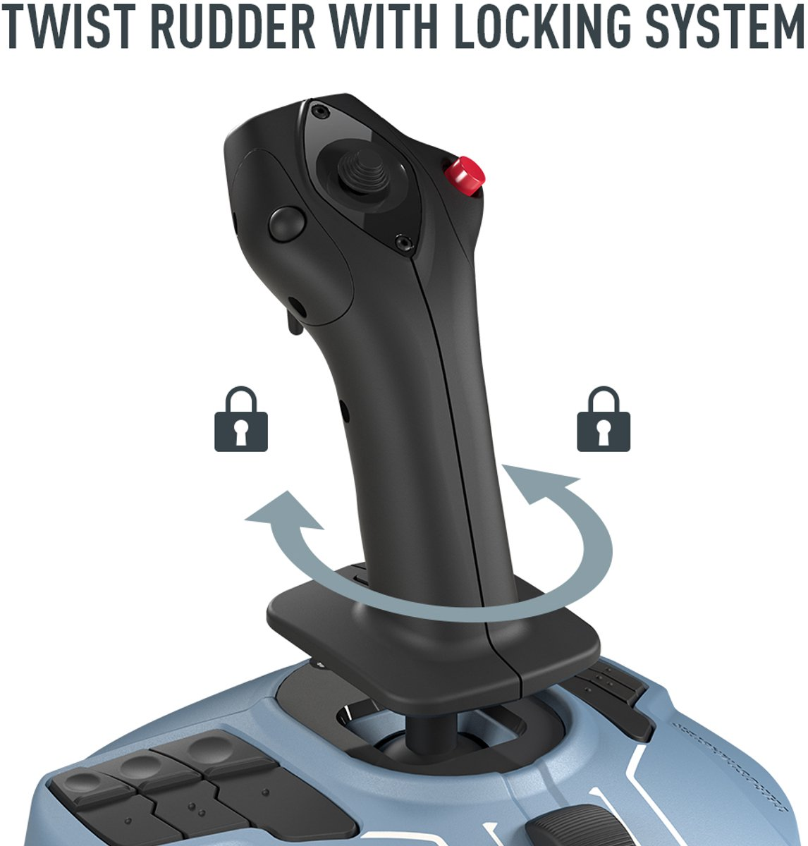 Un joystick avec gouvernail rotatif et système de verrouillage. Manche noir avec bouton rouge. Flèches grises indiquent la rotation. Icônes de cadenas présentes.