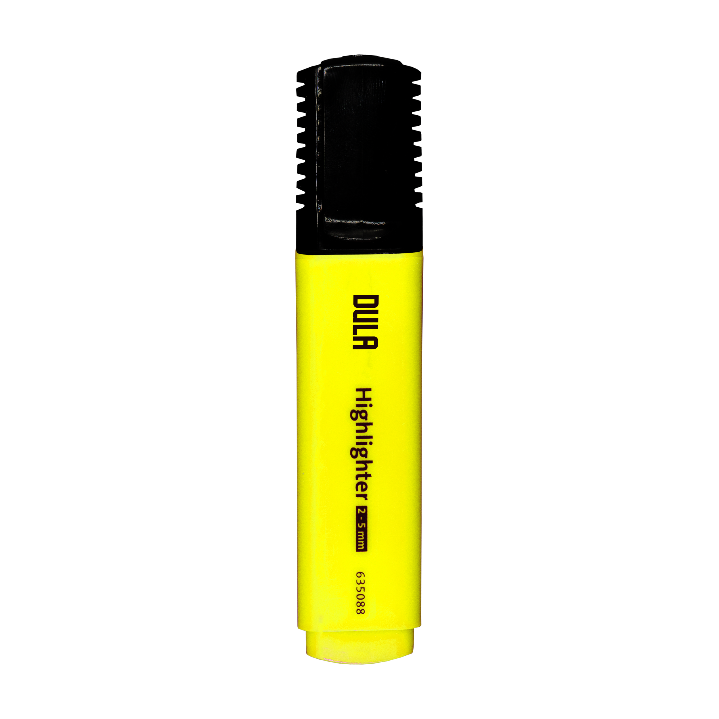 A yellow DULA highlighter with a black cap. The text 'Highlighter' is visible. The background is white.