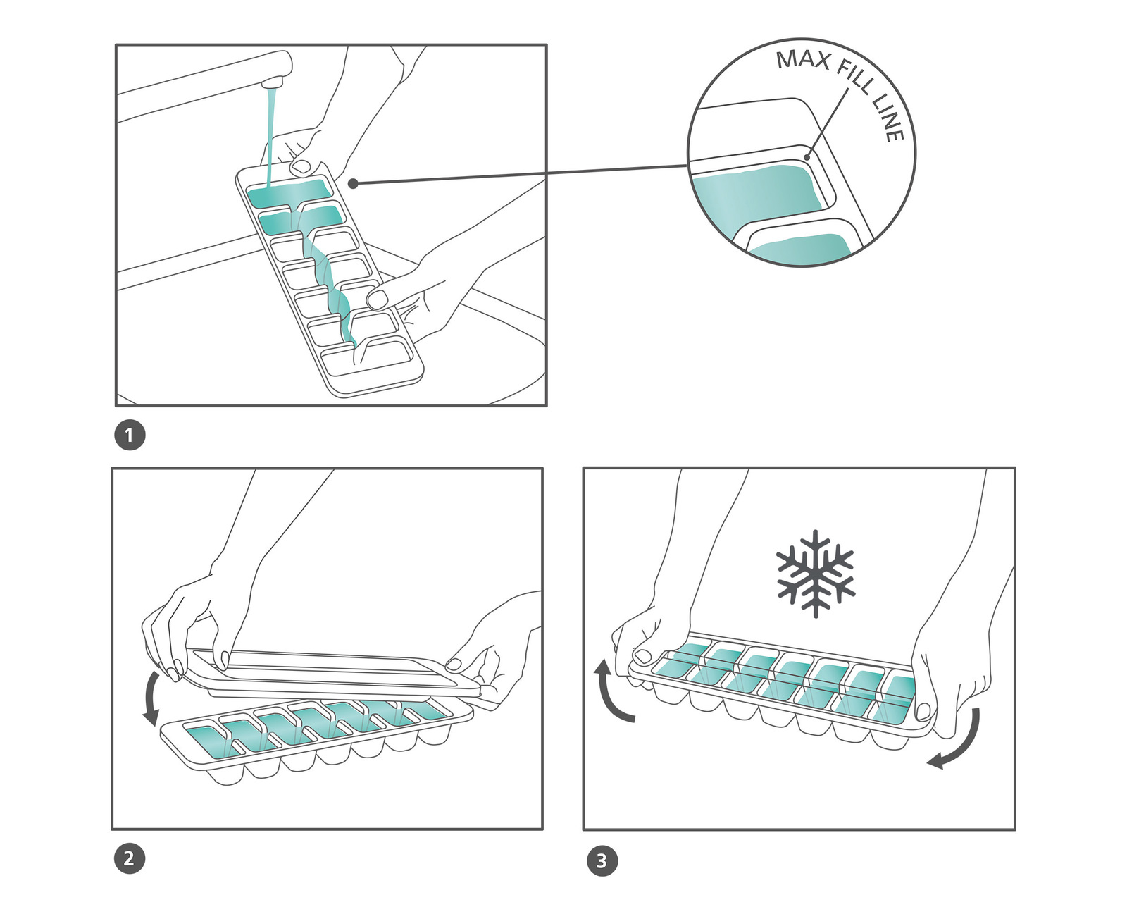 Pasos para hacer cubitos de hielo. Llene la bandeja, agregue la tapa y congele. Se muestran las manos en el proceso con la bandeja.