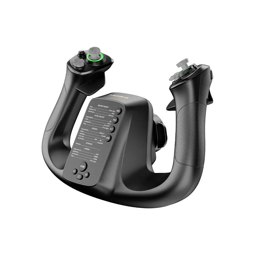 Black flight simulator yoke with green accents and buttons. Contains a control panel with various labels and indicators.
