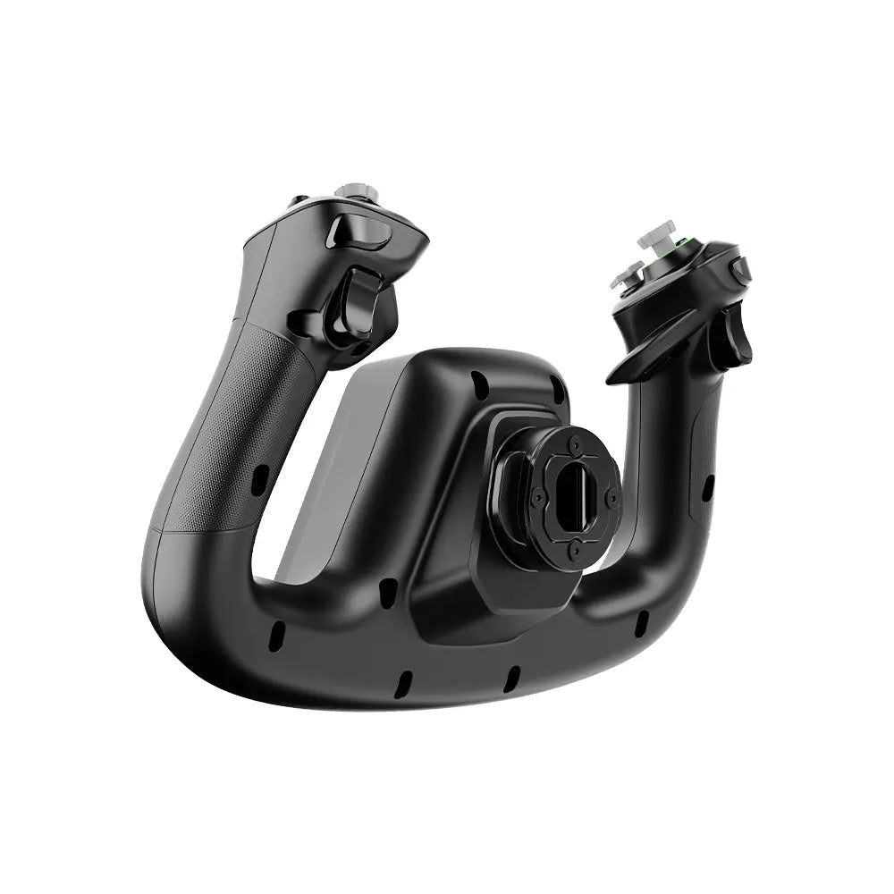 A black airplane yoke, on a white background. It has two handles, buttons, and switches.