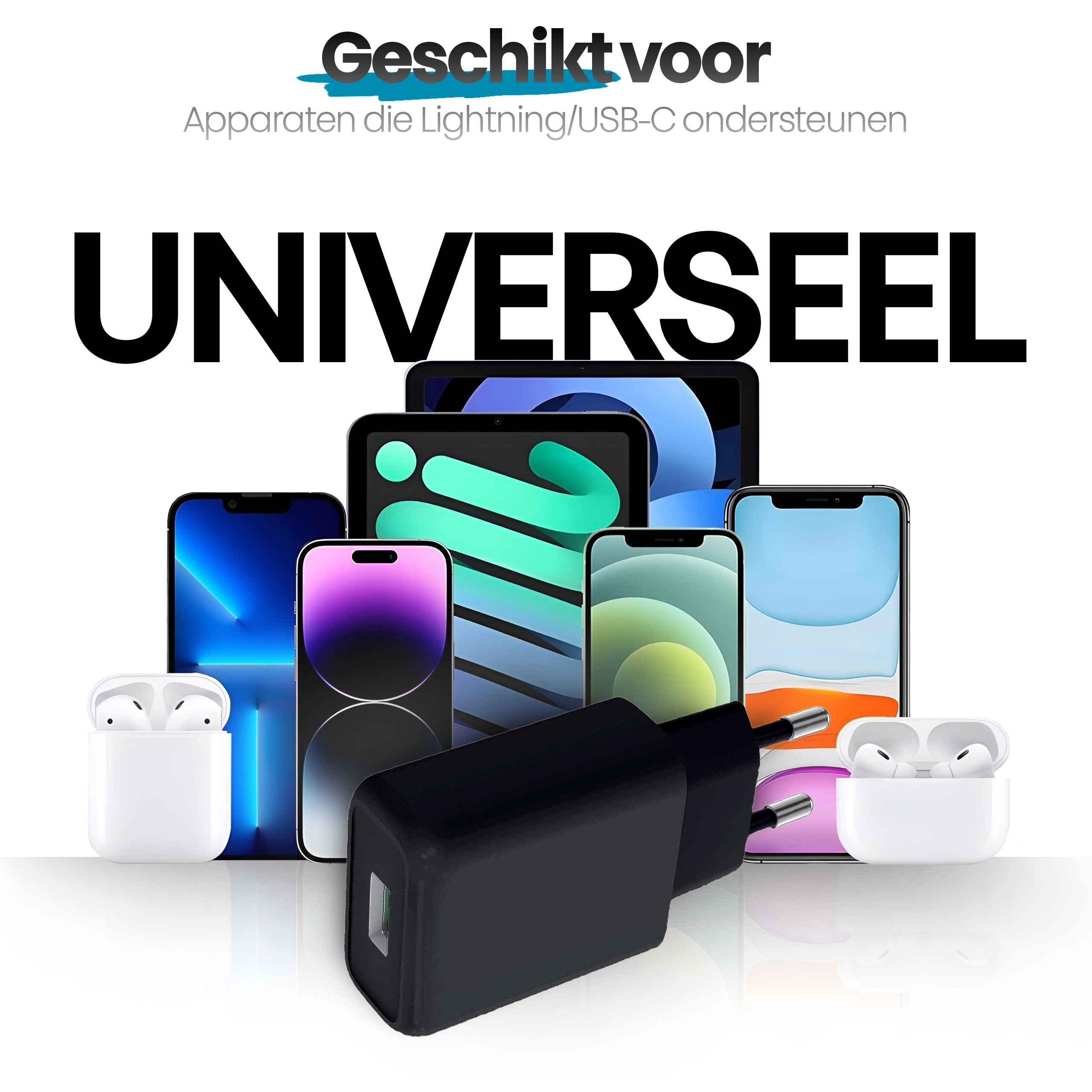 Image shows phones, a tablet, and AirPods next to a black charger. Text says 'Universal'.