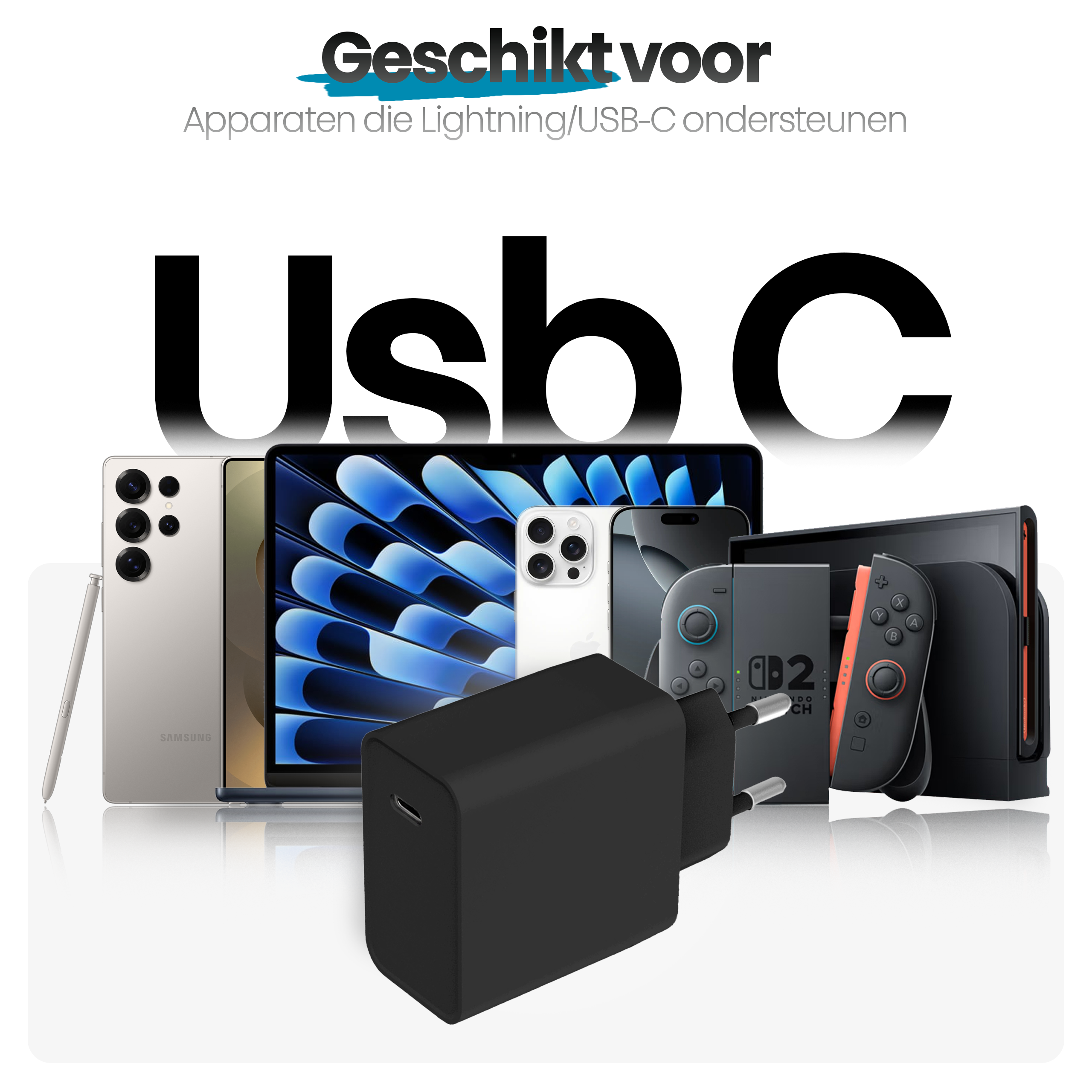Image shows various devices like phones, tablets, and a game console, with a black charger in front. Text says 'Usb C'.