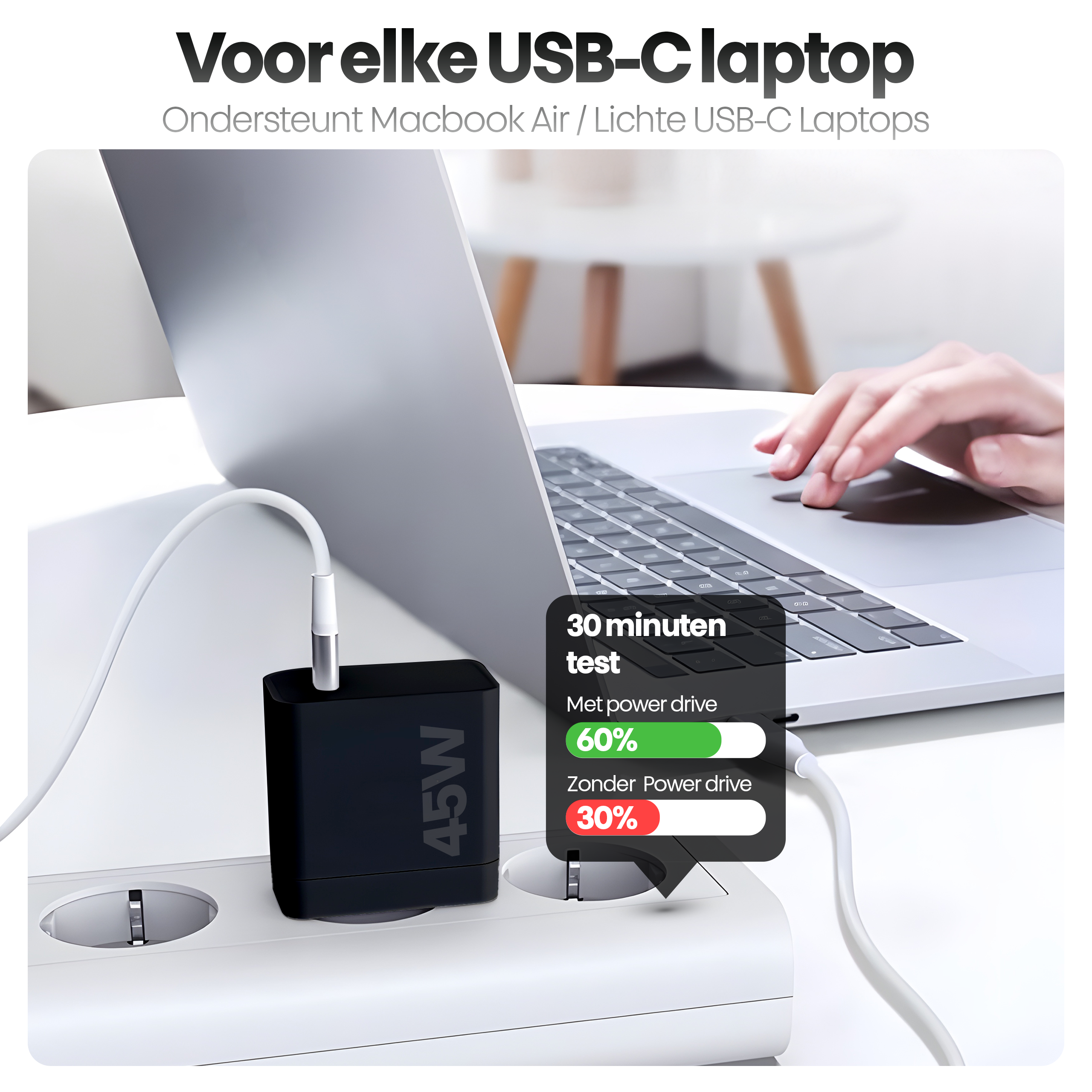 Laptop charging with a black charger plugged into a power strip. Text shows charging test results.