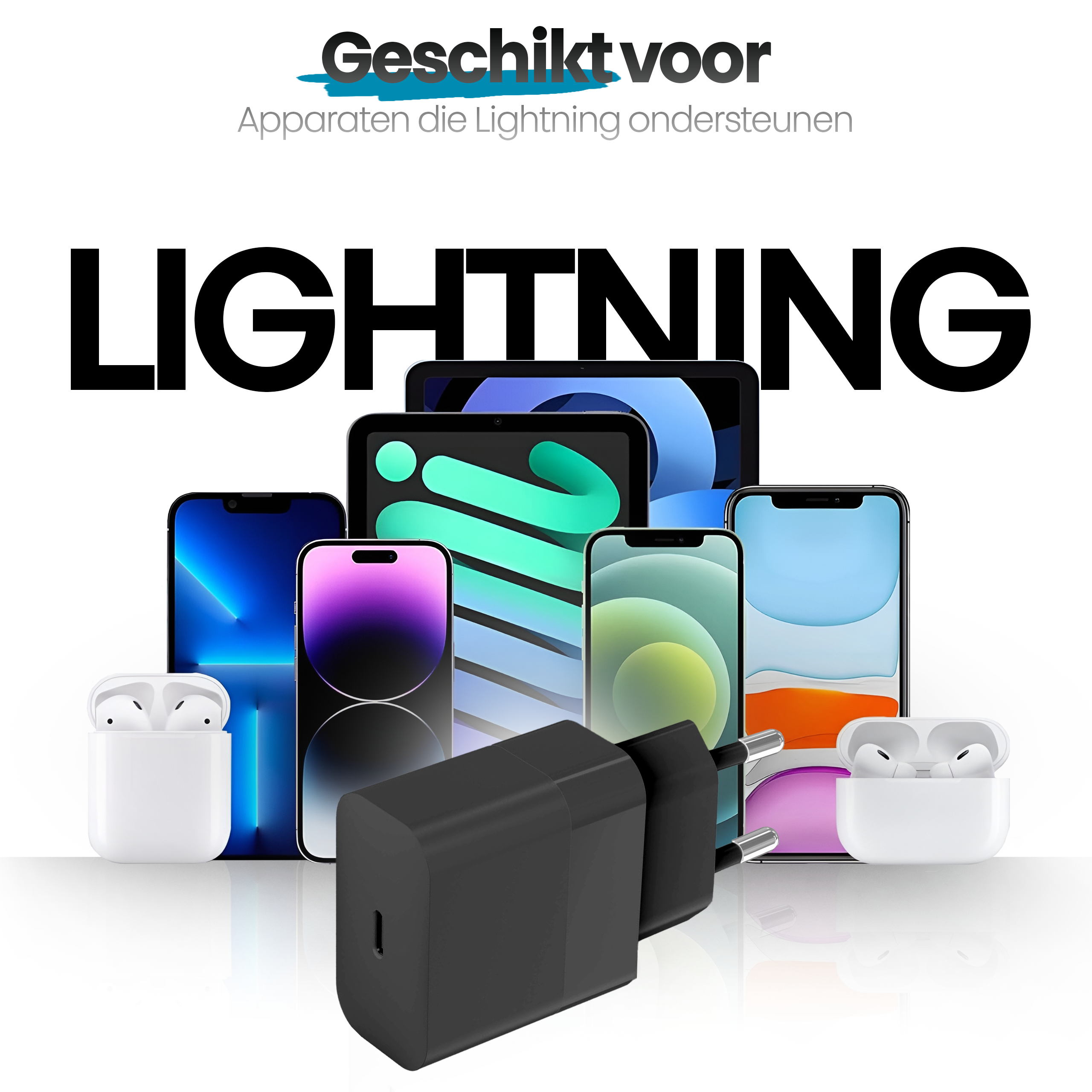 Image features phones, AirPods, and a black charger, all against a white background with the word 'LIGHTNING'.