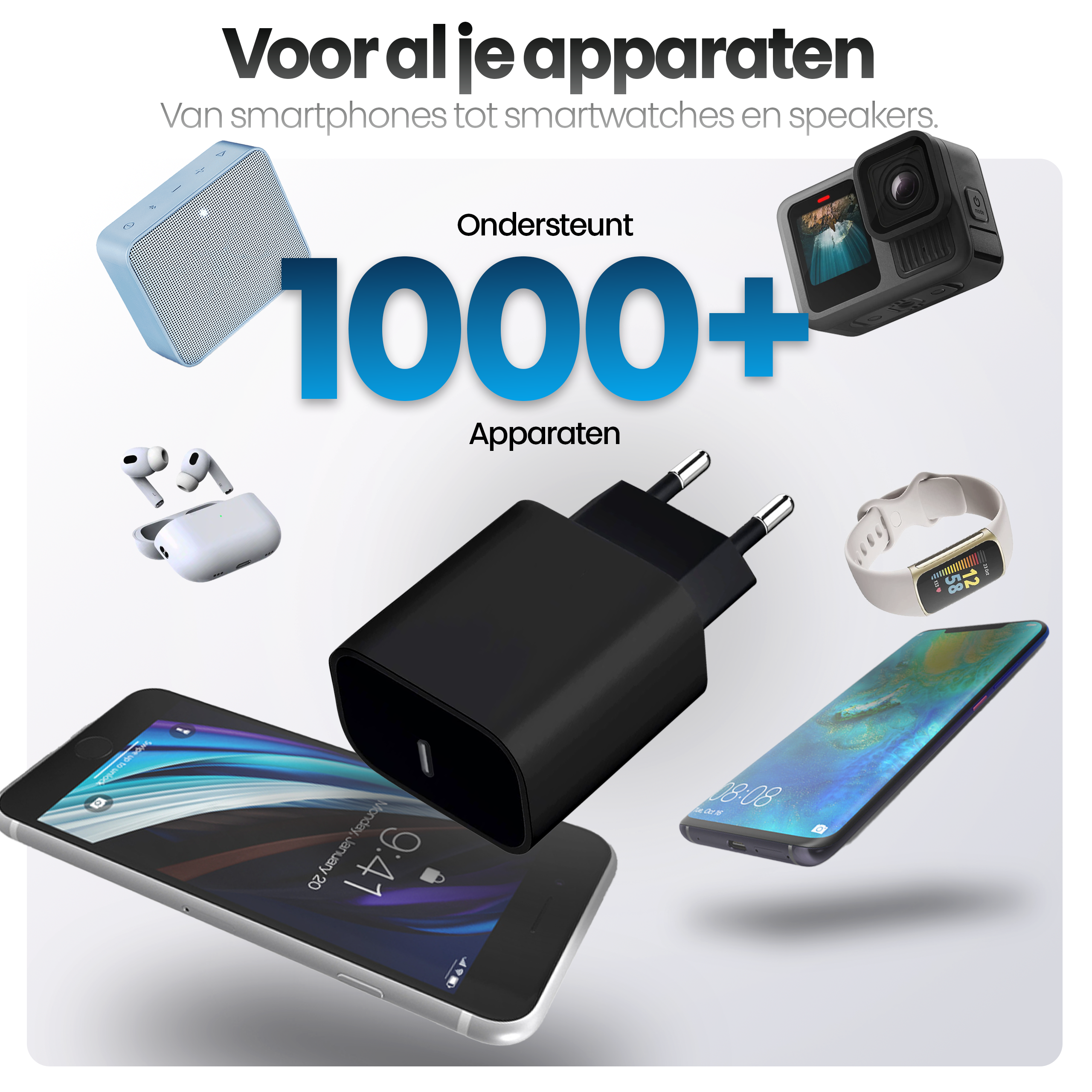 Image shows multiple devices: phone, smartwatch, speaker, headphones, camera, and charger, with text promoting device support.