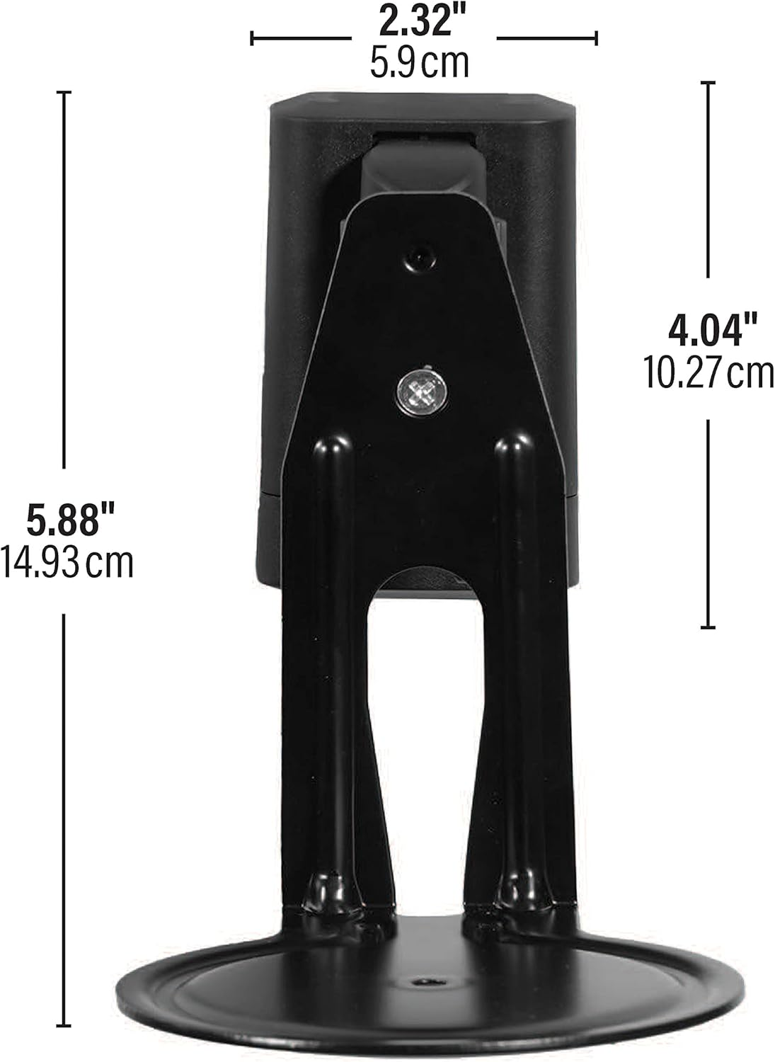 A black metal speaker stand with dimensions labeled. Base is round. Stand has a bracket and a curved arm.
