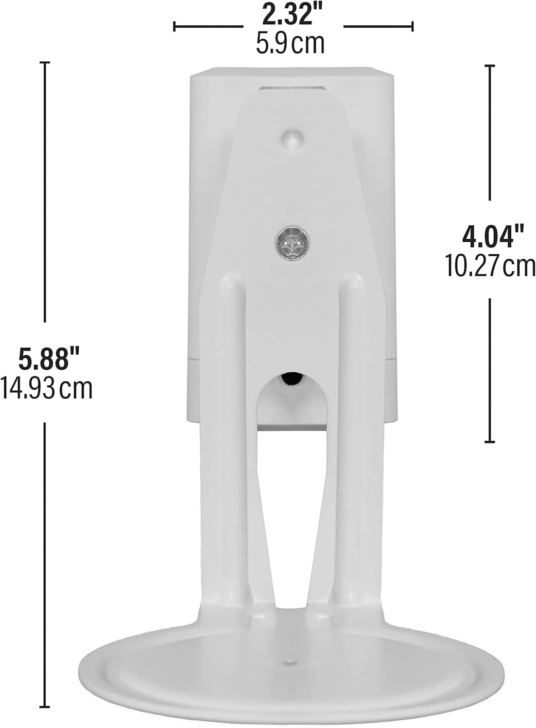 A white device with dimensions labeled. It has a rounded base, a central column, and a top section with a small circular design.