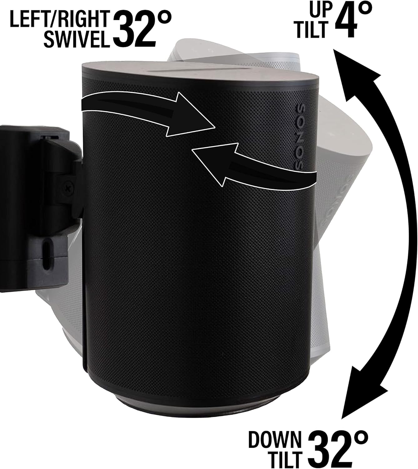 A black Sonos speaker is shown, with swivel and tilt degree indicators. Arrows illustrate the speaker's range of motion.