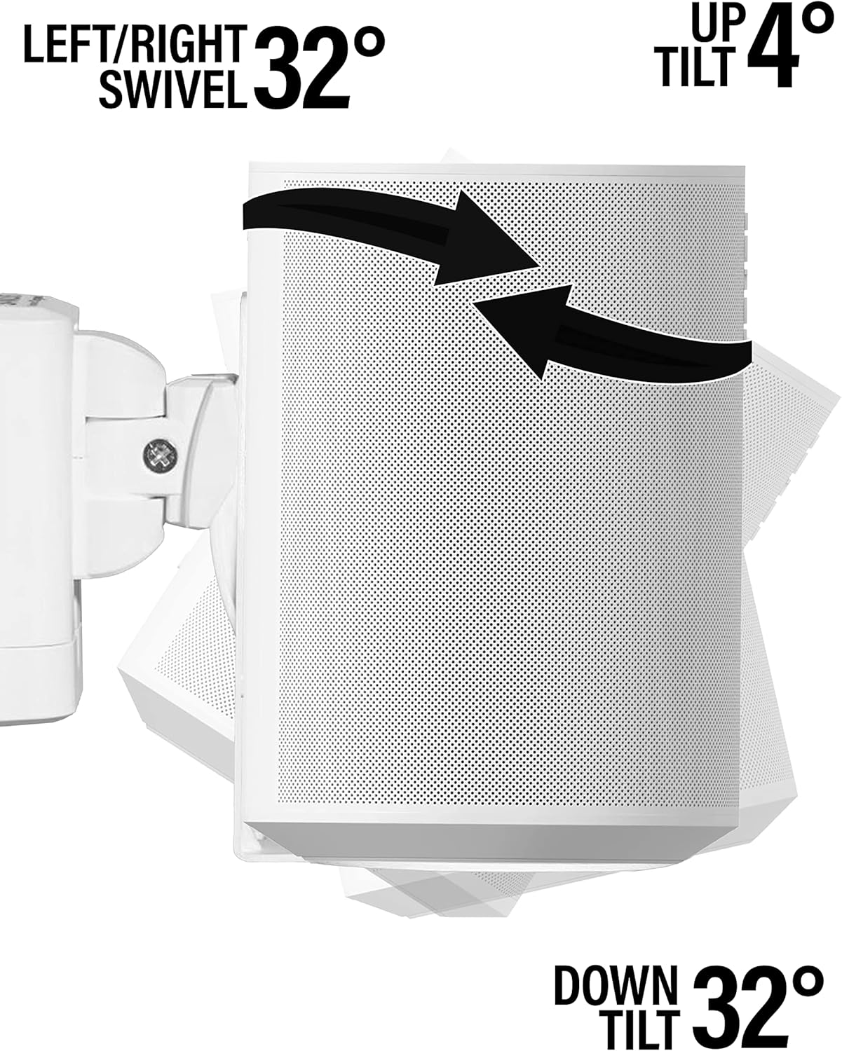 Witte luidspreker met draai- en kantelgraden. Pijlen tonen de richtingen. Geperforeerd oppervlak.