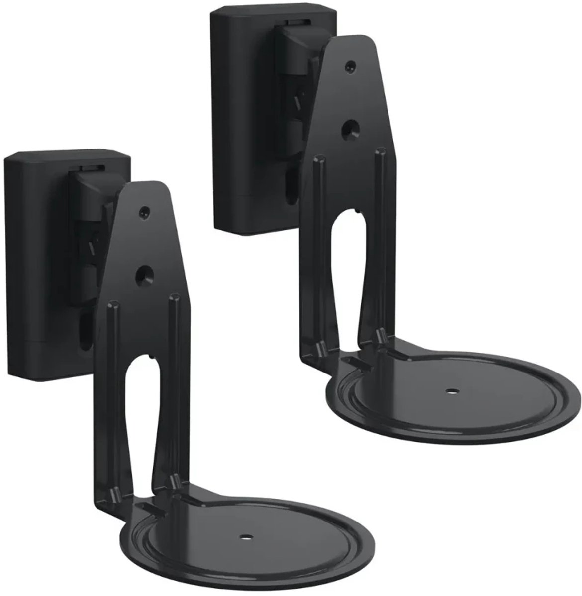 Two black speaker wall mounts. Each has a mounting bracket, a vertical support, and a circular base for the speaker.