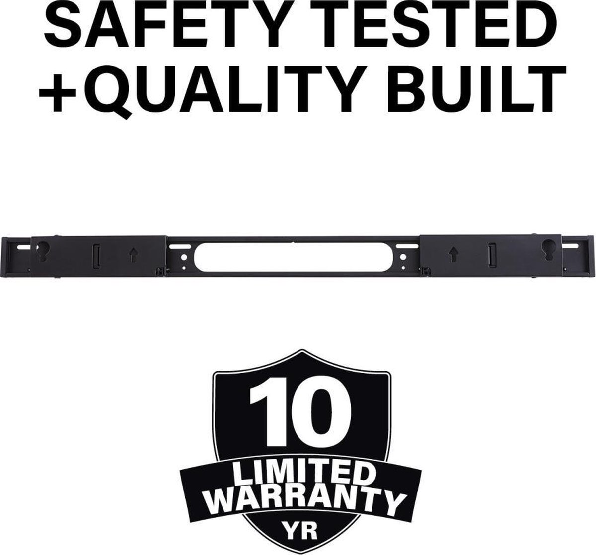 Zwarte metalen balk met 'SAFETY TESTED + QUALITY BUILT' erboven en een '10 YEAR LIMITED WARRANTY'-badge eronder.