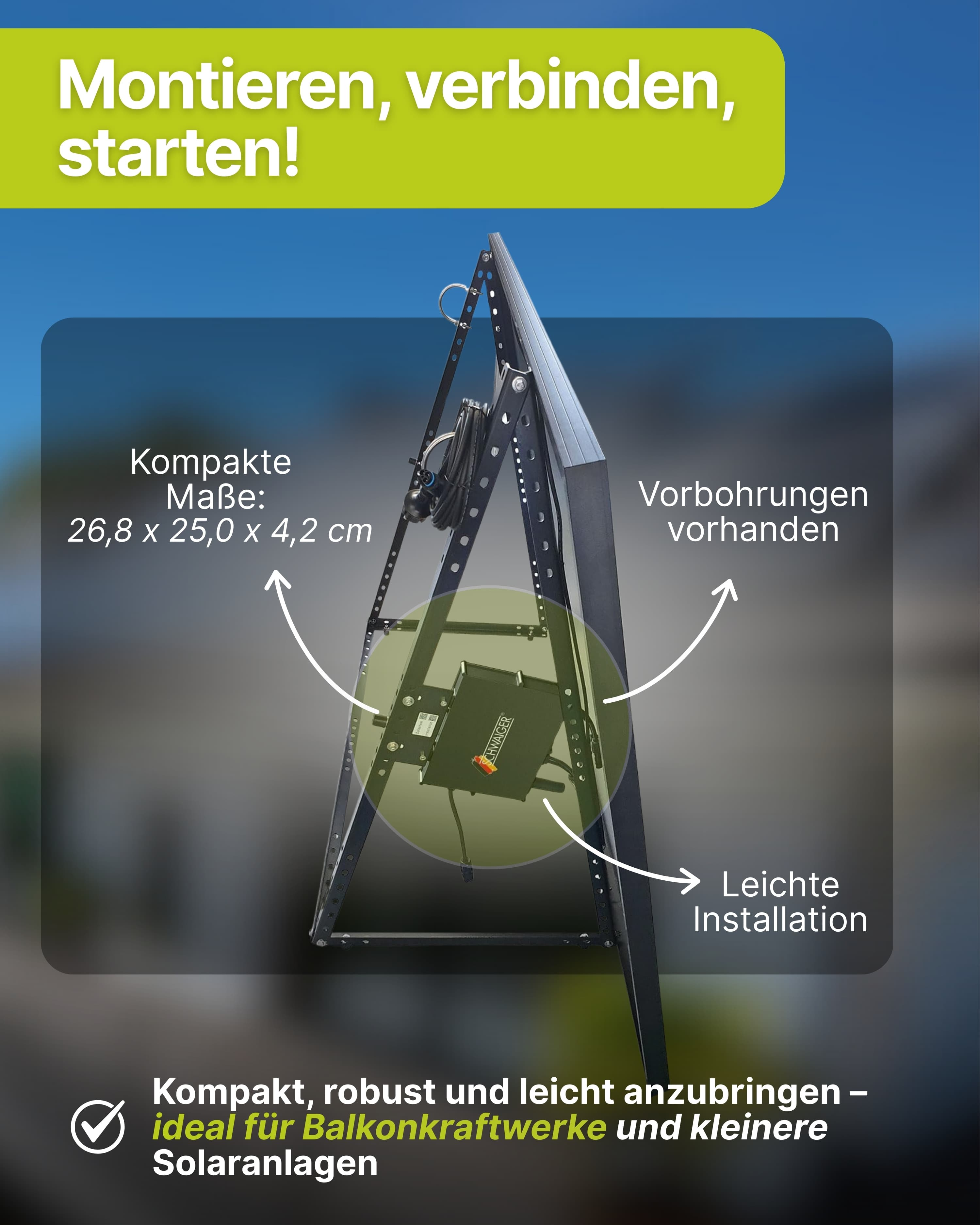 Ein Montagerahmen für Solarmodule. Text sagt: 'Montieren, verbinden, starten!' mit Abmessungen und Funktionen.
