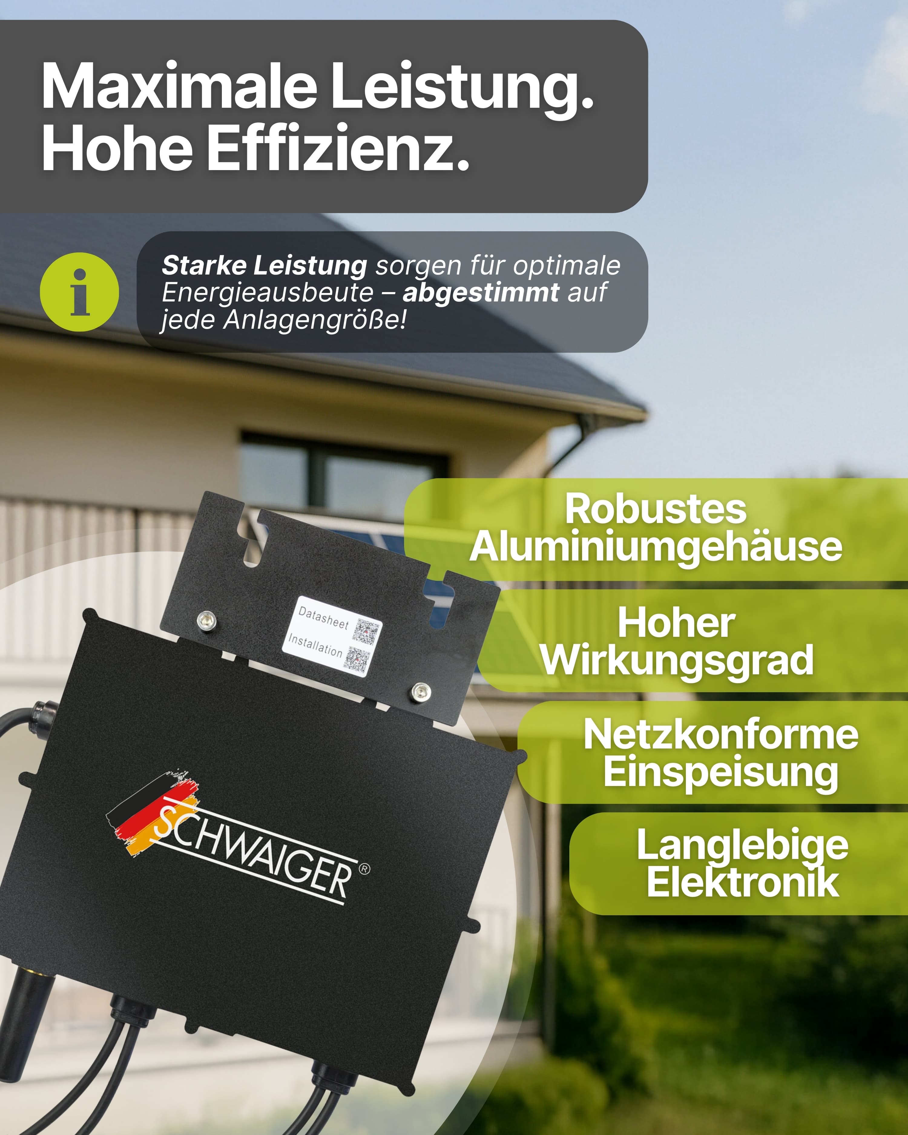 Ein schwarzes Gerät mit der Marke SCHWAIGER, Text auf Deutsch und ein Haus im Hintergrund. Es ist ein Produkt für Solarmodule.