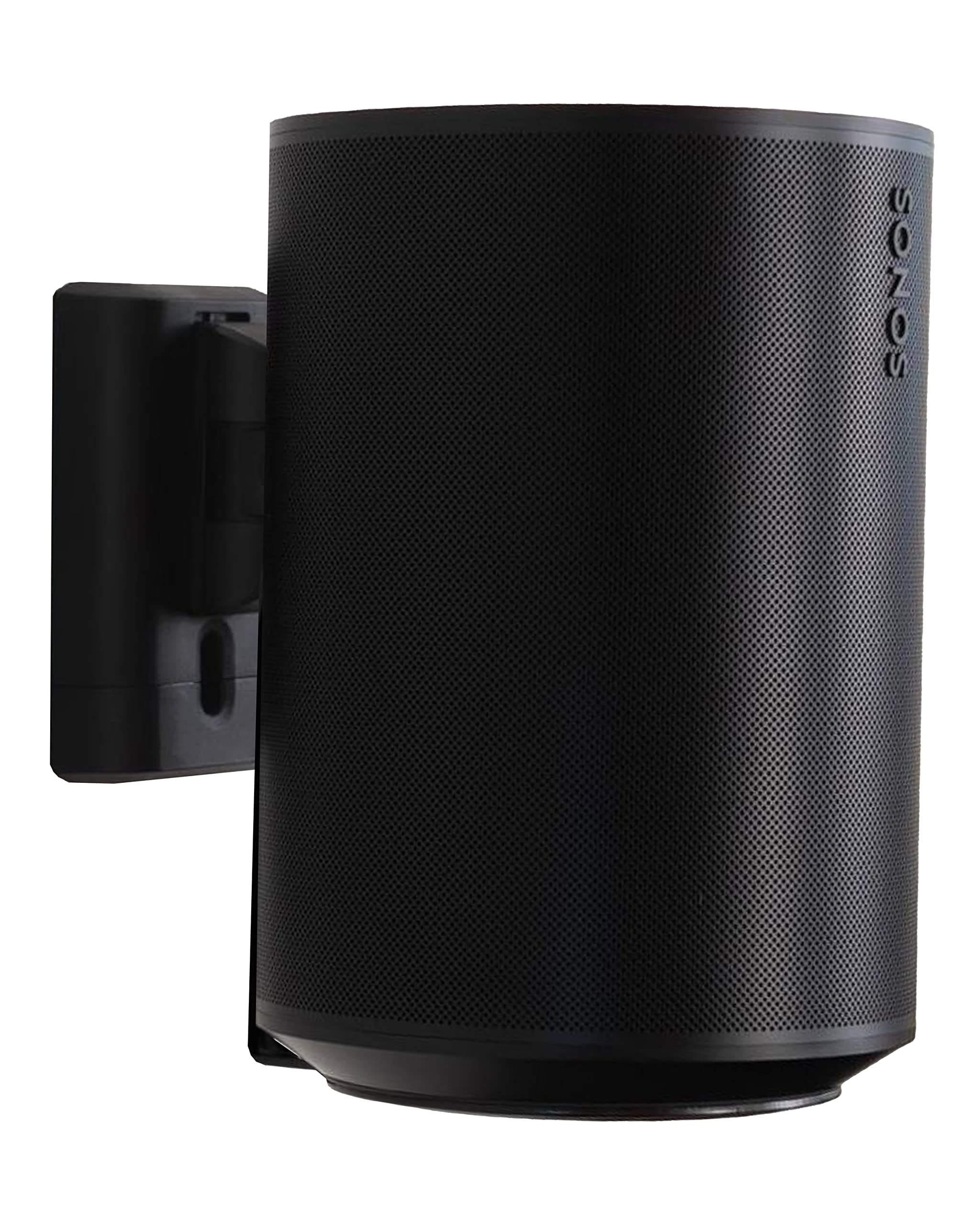 A black speaker mounted on a black bracket. The speaker has a mesh surface and the word SONOS on it.