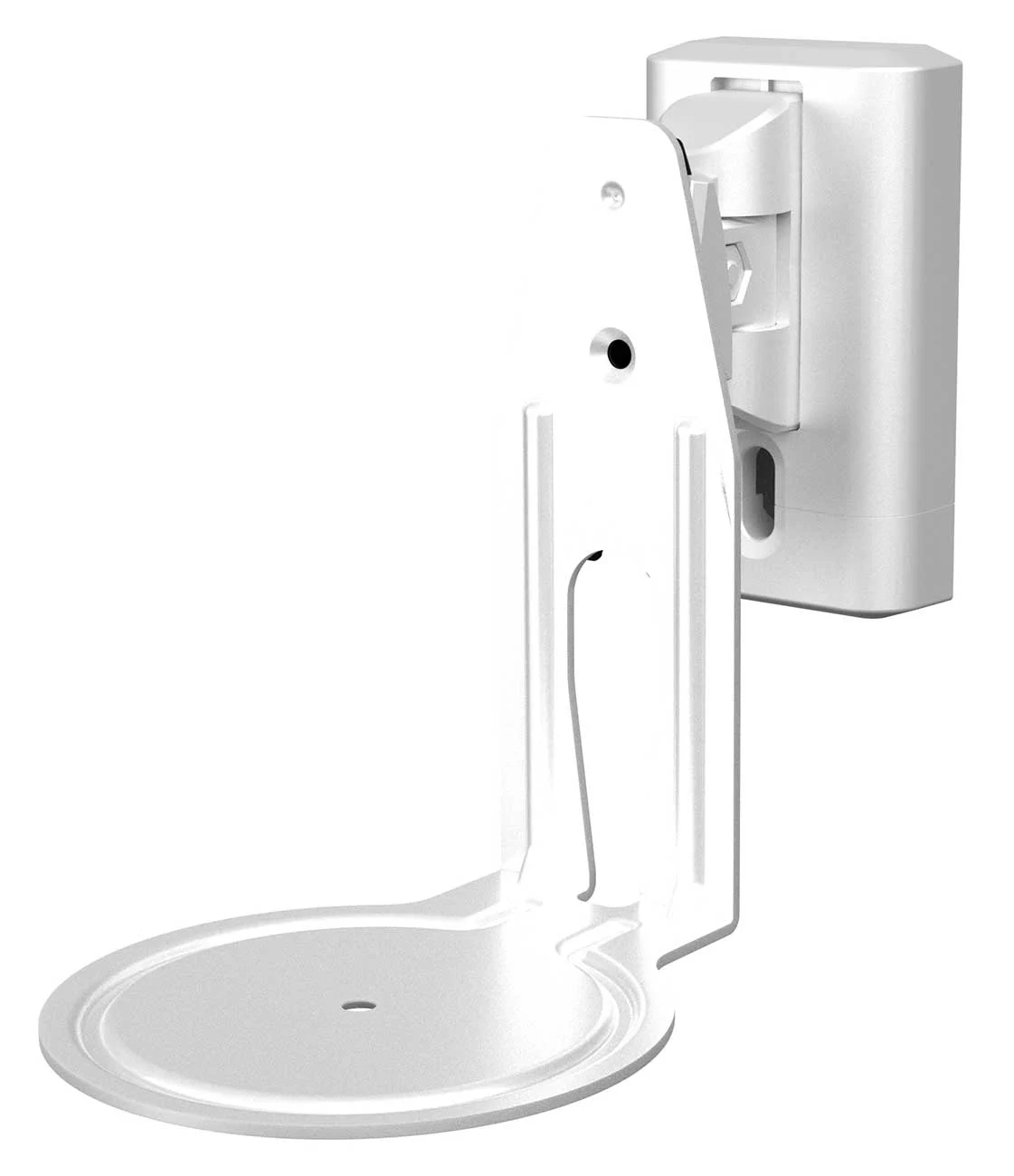 A white wall mount for a device. It has a round base, a vertical support, and a mounting bracket. The mount is white.