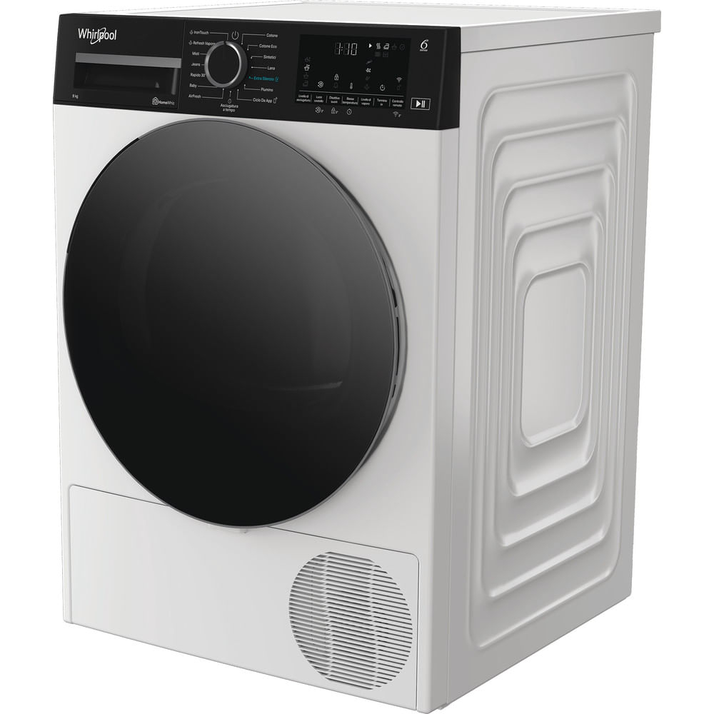 Un'asciugatrice Whirlpool bianca con porta e pannello di controllo neri. La porta è rotonda e il pannello ha pulsanti e un display digitale.