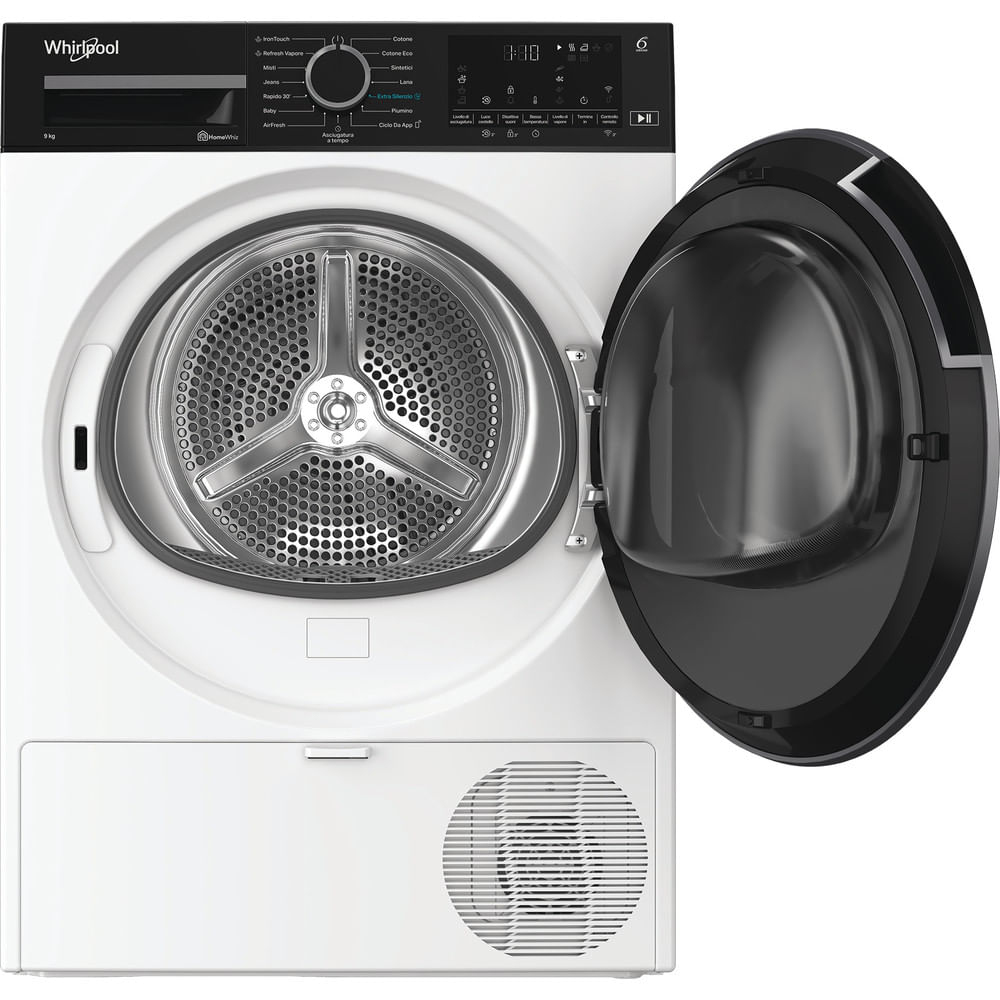 Un'asciugatrice Whirlpool bianca con porta nera aperta. All'interno, un cestello argentato è visibile. Il pannello di controllo è nero.