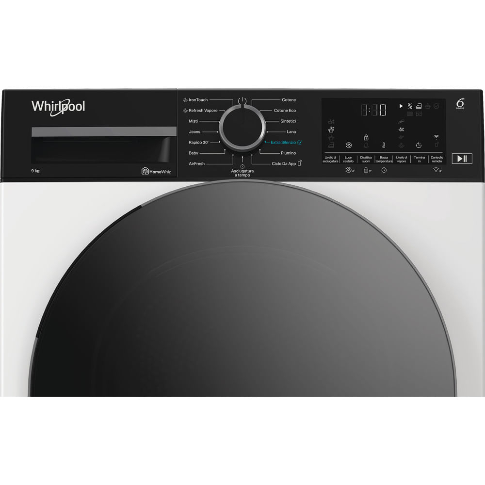 Una lavatrice Whirlpool bianca con pannello di controllo e porta neri. Il display digitale mostra 8:88. Sono disponibili varie opzioni di programma.