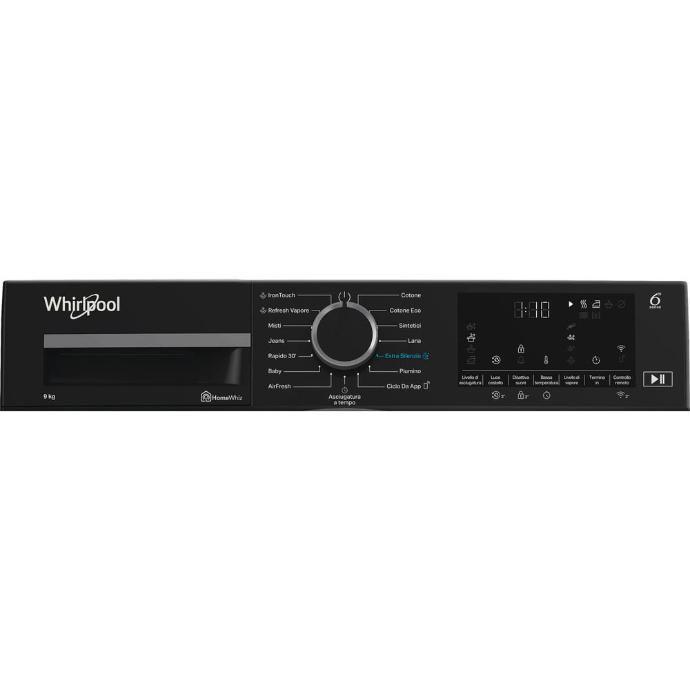 Viene mostrato il pannello di controllo di una lavatrice Whirlpool. Ha varie opzioni di programma, un display che mostra l'ora e pulsanti di controllo.