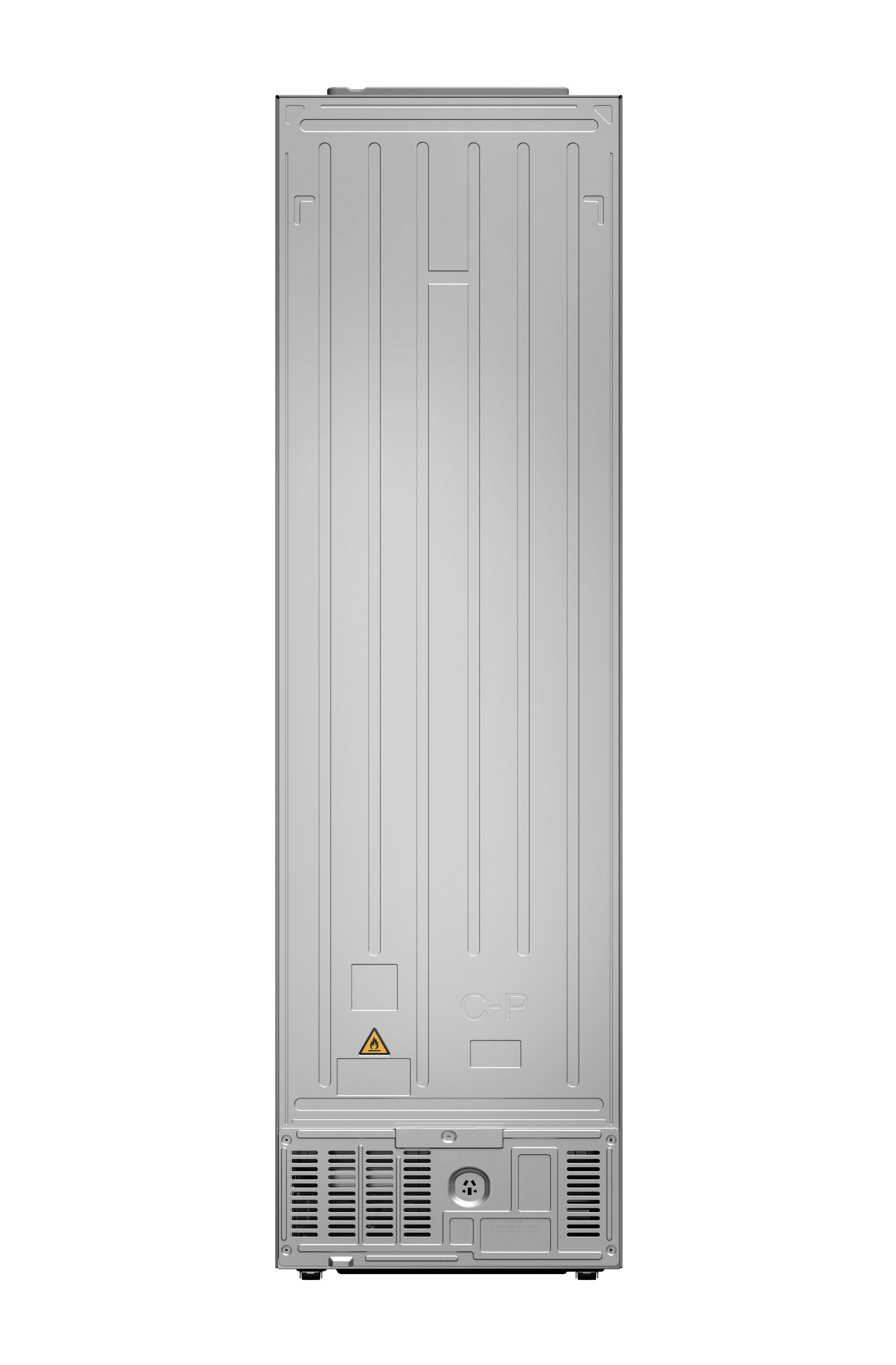 Tył lodówki. Srebrny z pionowymi liniami. Trójkąt ostrzegawczy i sekcja wentylacyjna.