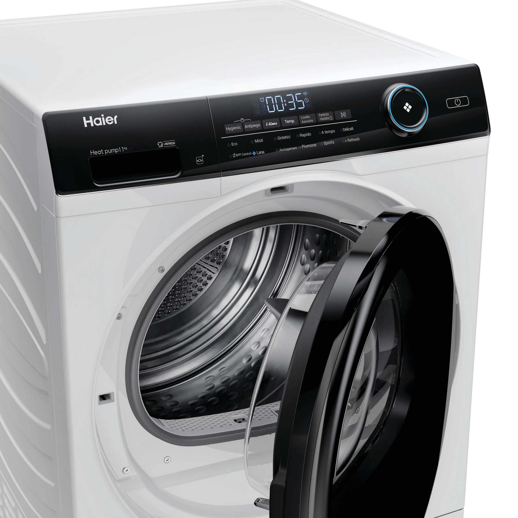 Un'asciugatrice Haier bianca con la porta nera aperta. Il display mostra 00:35. Il pannello di controllo ha varie opzioni.
