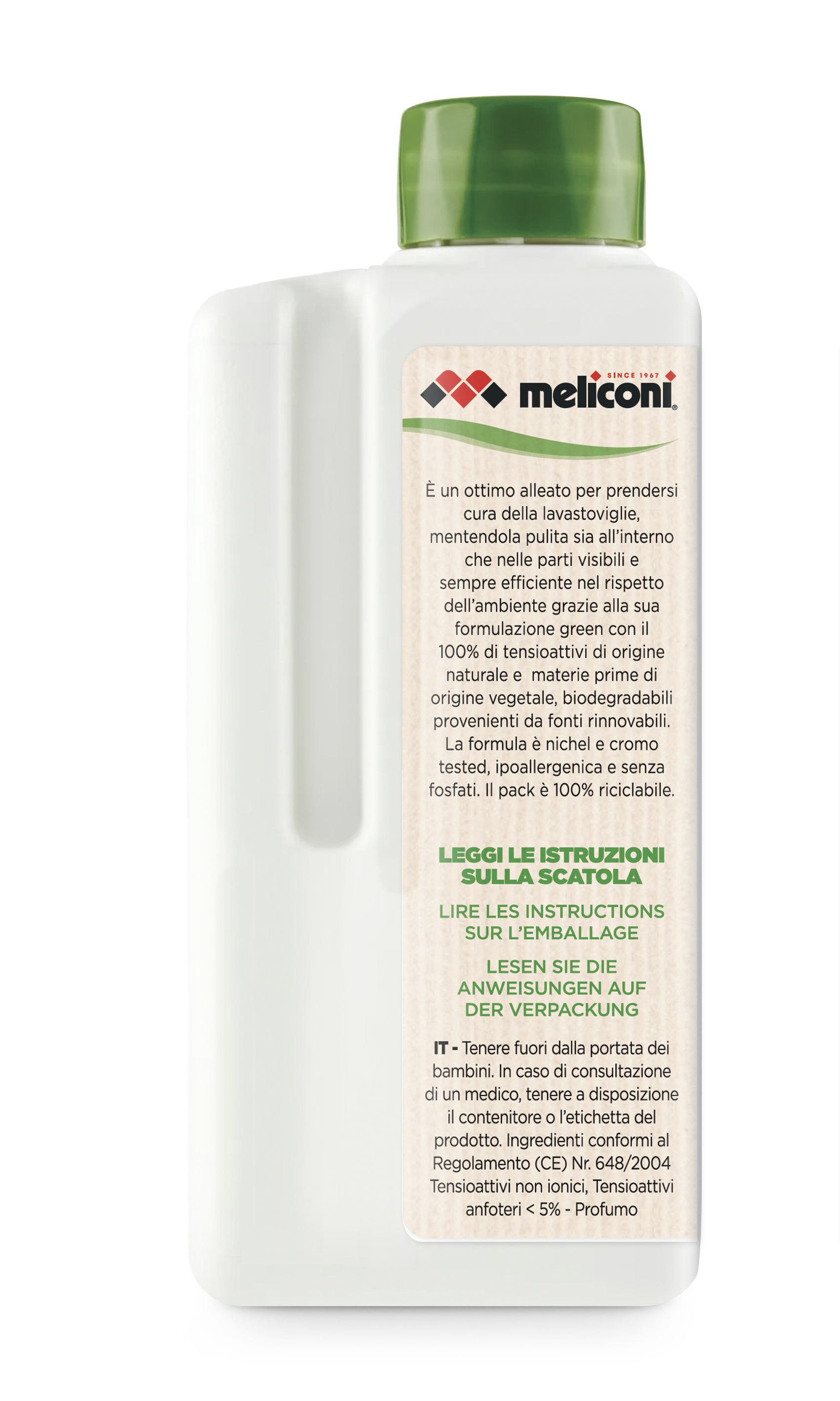 Botella blanca con tapa verde. Etiqueta con el logo de meliconi y texto en italiano.