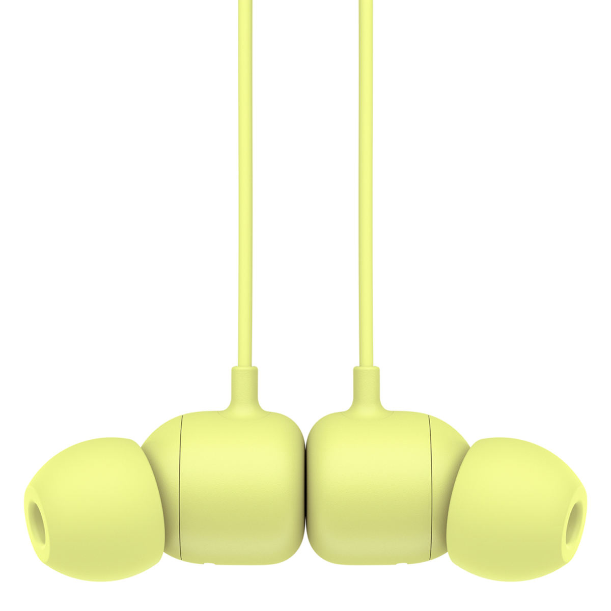 Zbliżenie żółtych bezprzewodowych słuchawek z kablem łączącym. Słuchawki znajdują się na białym tle, podkreślając ich design i kolor.