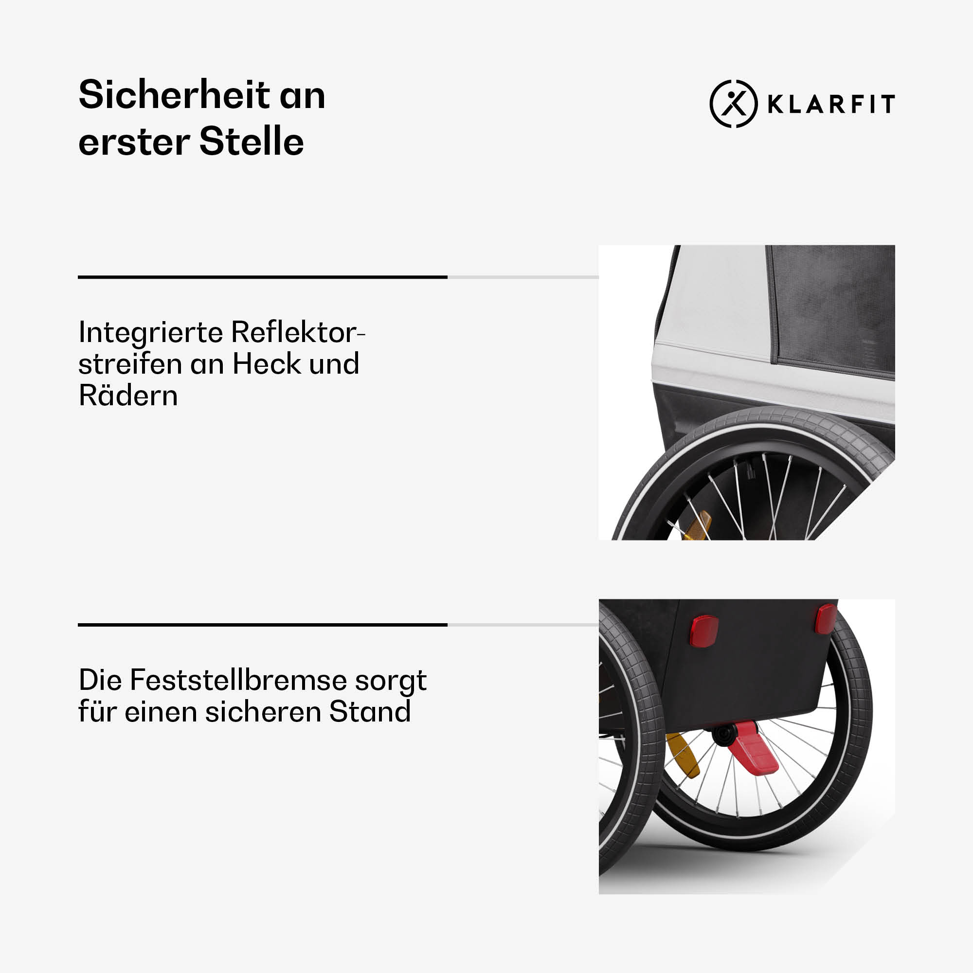 Das Bild zeigt einen Fahrradanhänger mit Reflektoren und Feststellbremse. Details umfassen Räder und Anhängerkörper.