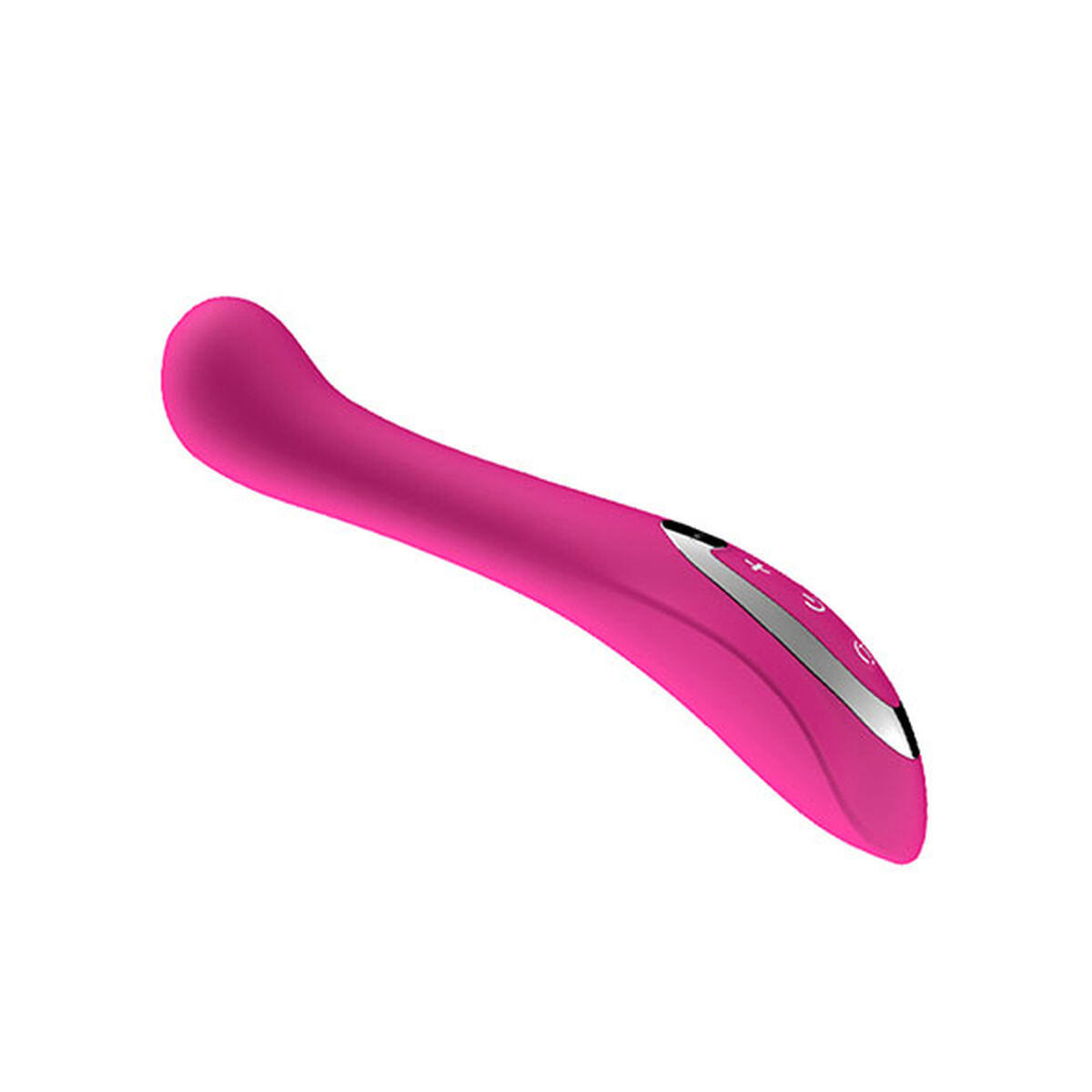 Un vibrador rosa con forma curva y botones de control. Está sobre un fondo blanco, aislado e inclinado.