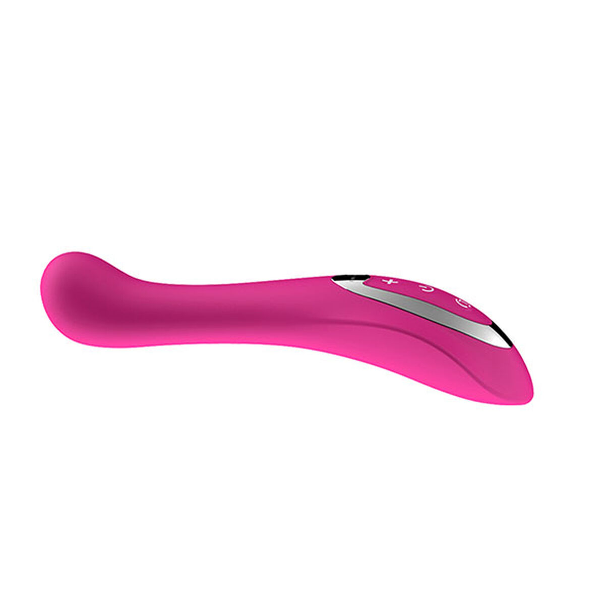 Un vibrador rosa con detalles plateados y botones de control. Tiene un diseño curvo y está sobre un fondo blanco.