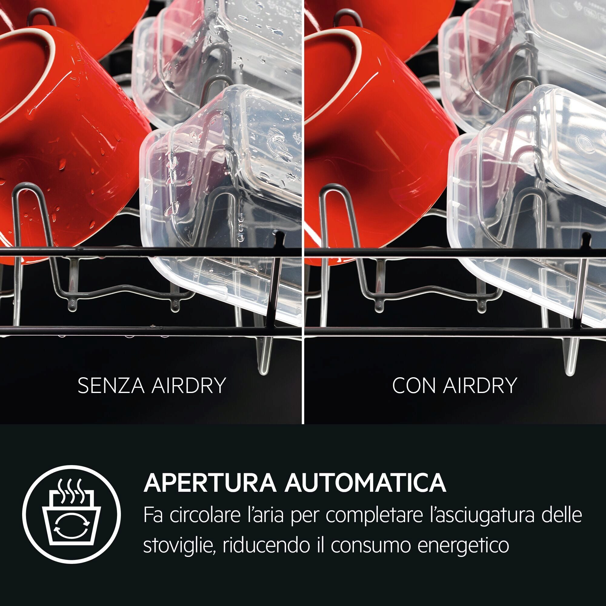 Geschirrspüler mit roten Bechern und durchsichtigen Behältern. Mit den Labels 'SENZA AIRDRY' und 'CON AIRDRY'. Automatisches Öffnen.