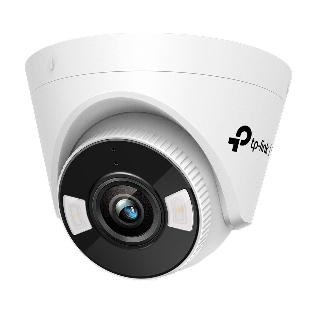 A white TP-link security camera. It has a black lens and two lights. The logo is visible.
