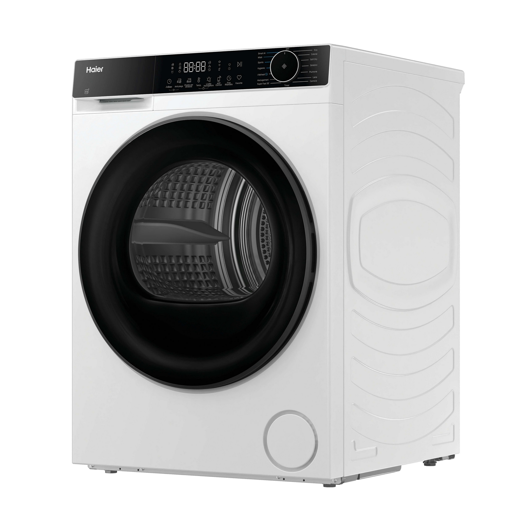Una lavatrice Haier bianca con porta e pannello di controllo neri. Il display digitale mostra 88:88. Tasti e programmi visibili.