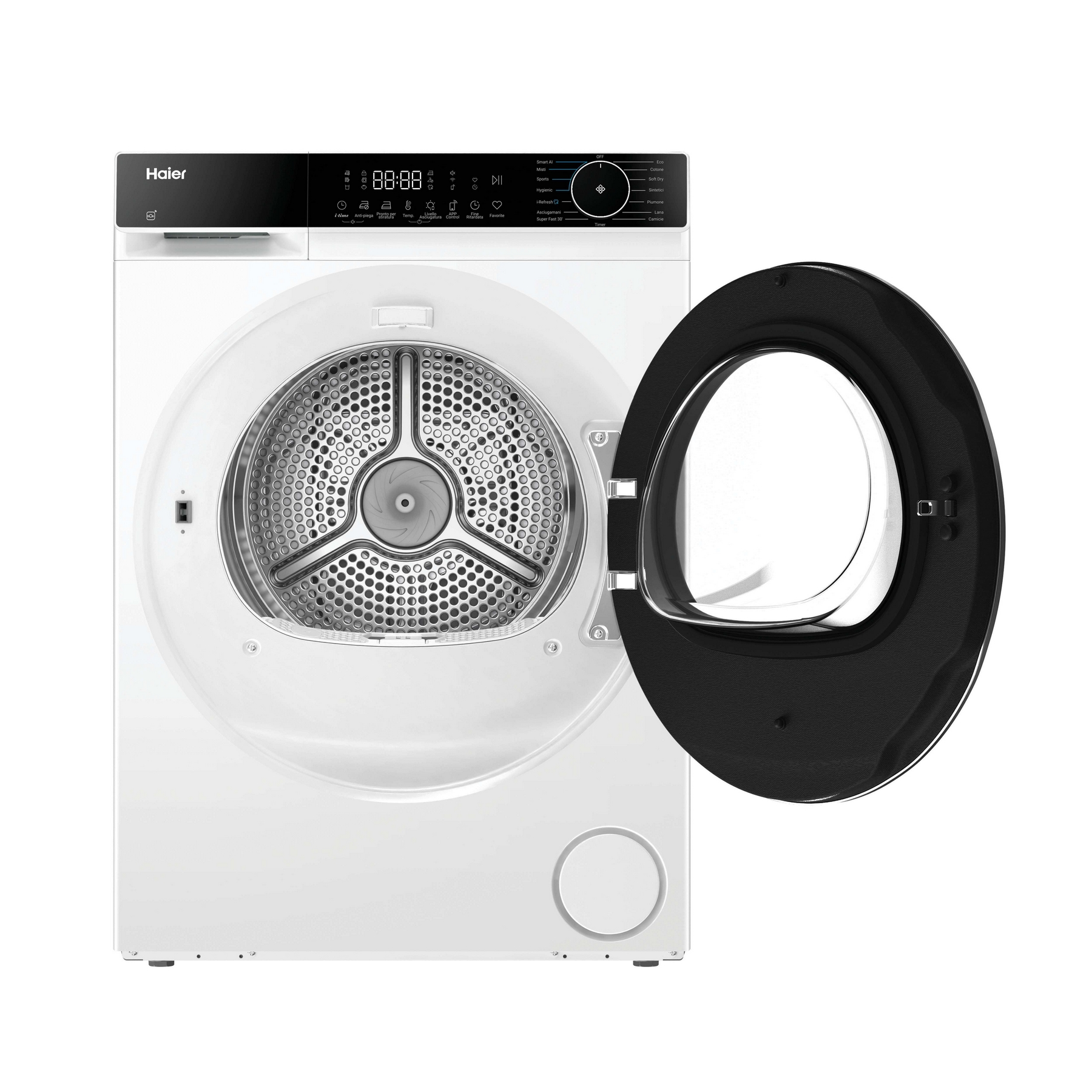 Asciugatrice Haier bianca con porta aperta. Ha un display digitale e varie opzioni di asciugatura.
