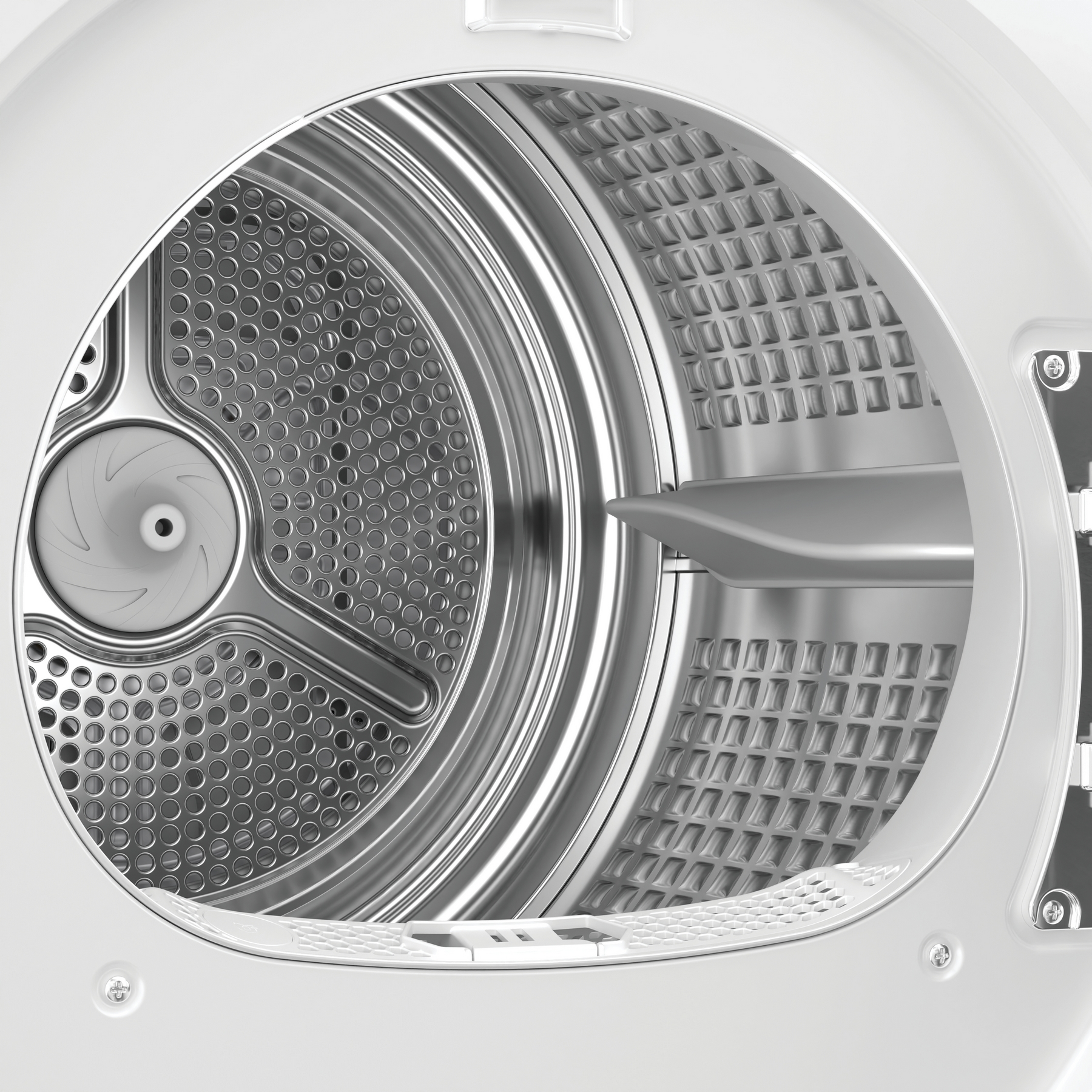 Interno di un'asciugatrice. Ha una forma rotonda con interno metallico ed esterno bianco.