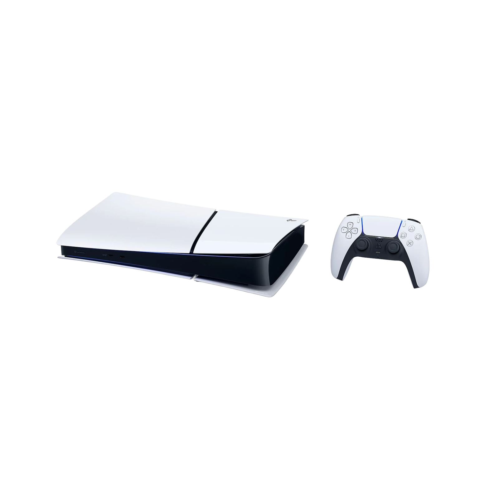 Biała konsola PlayStation 5 i pasujący kontroler na białym tle. Konsola jest po lewej stronie.