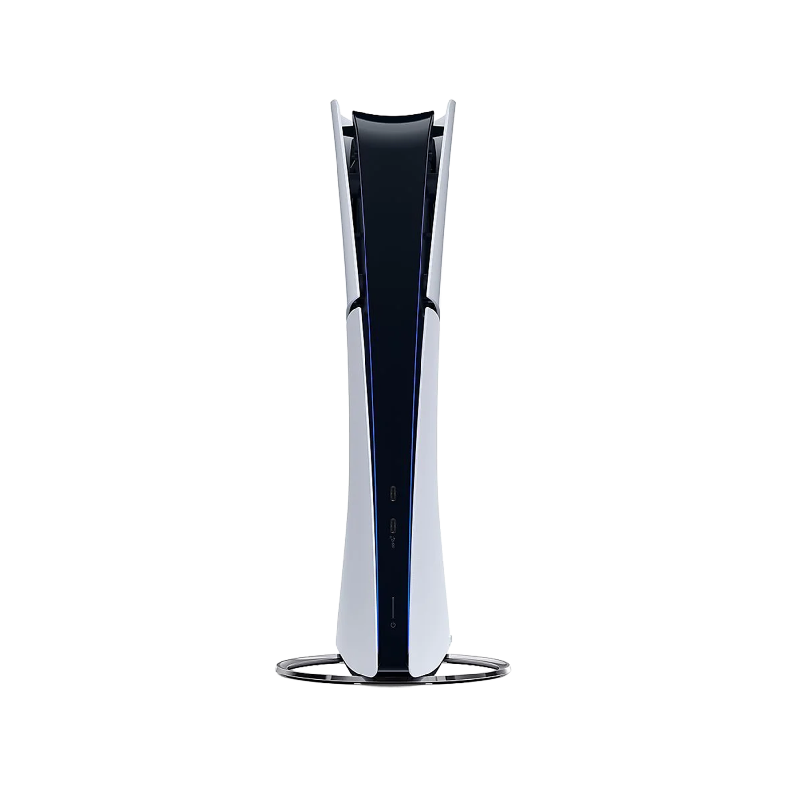 Biało-czarna konsola Playstation 5 stoi pionowo. Ma zakrzywioną konstrukcję i stoi na srebrnej podstawie.