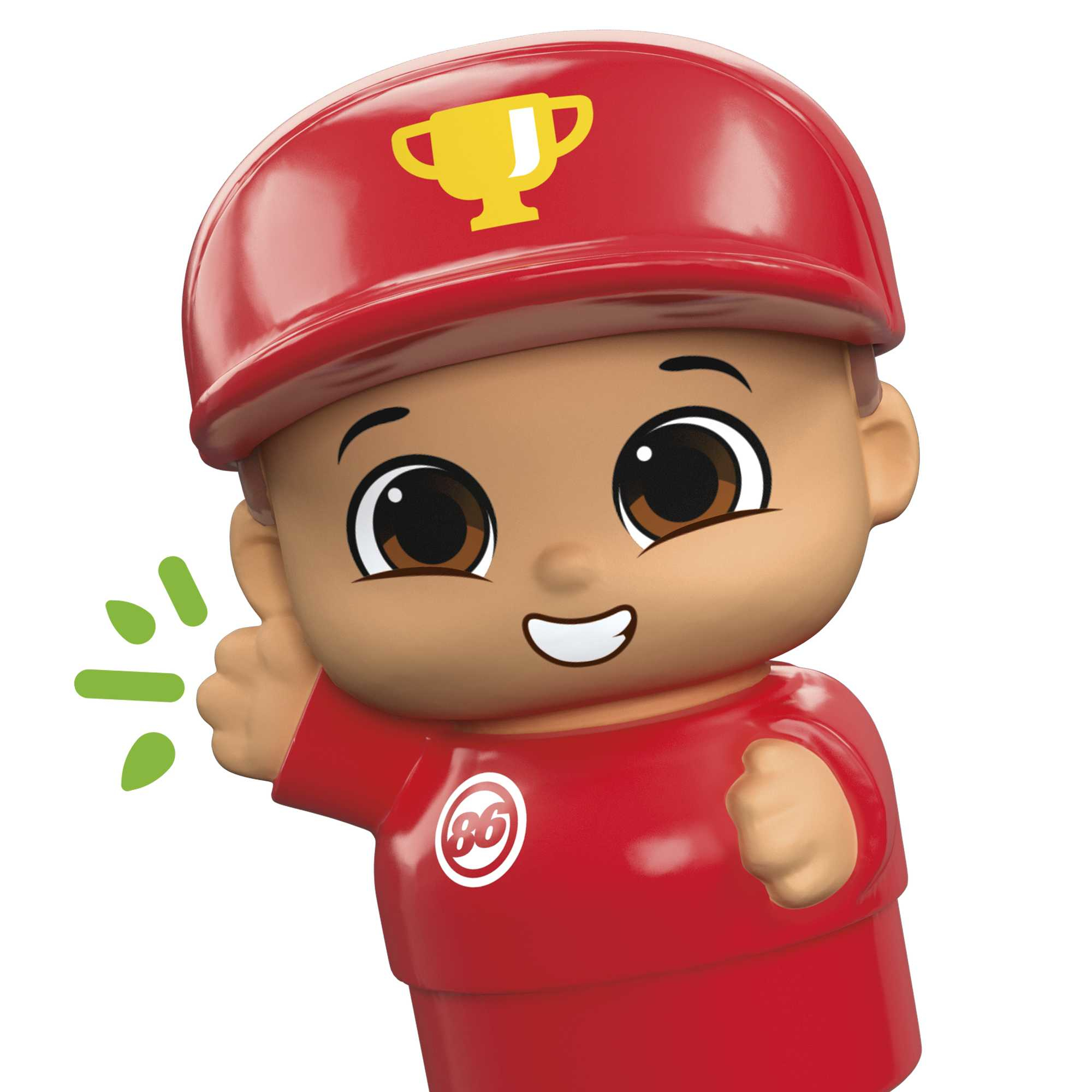 Una figura de dibujos animados con gorra y camisa rojas hace un gesto de aprobación. Hay un trofeo dorado en el sombrero.