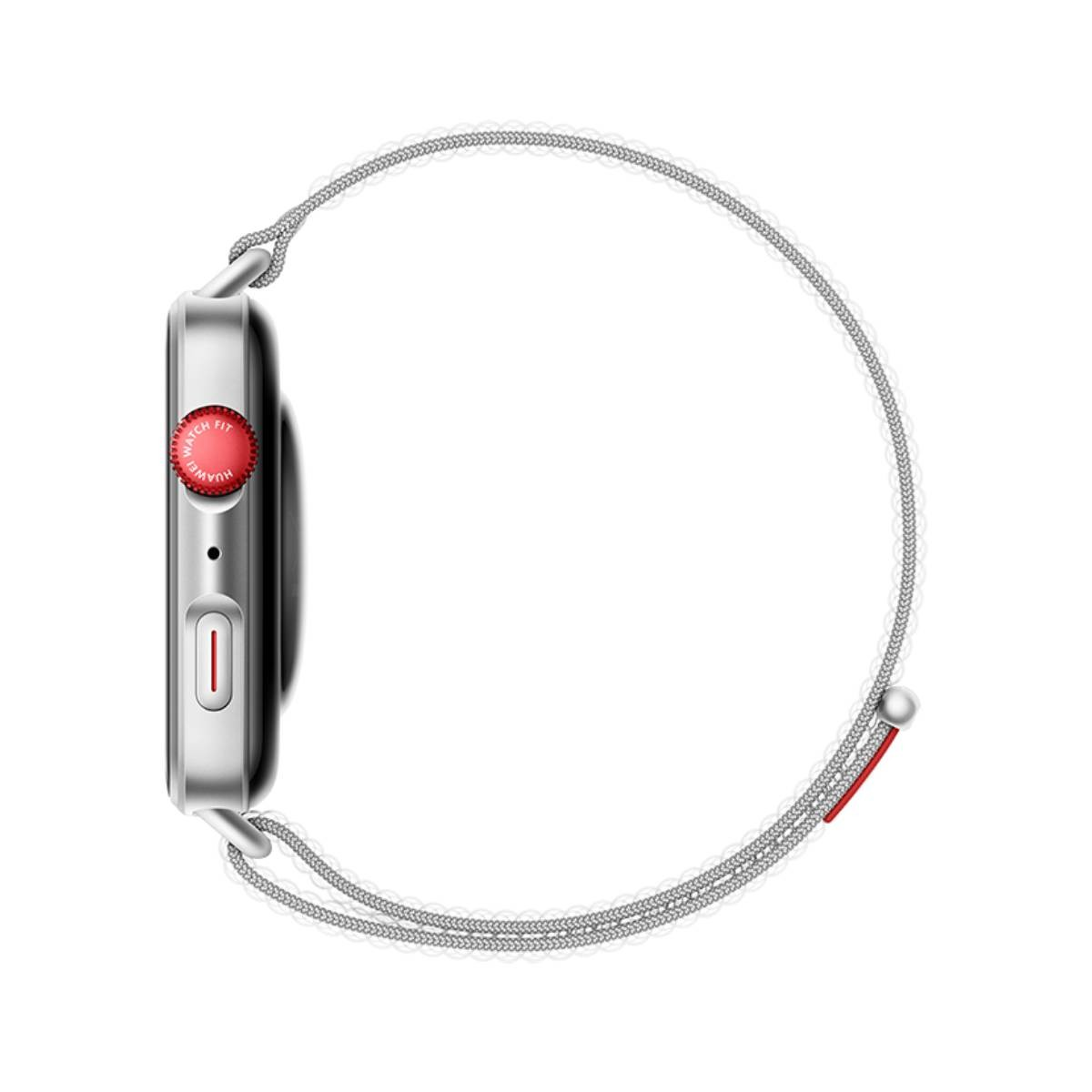 Widok z boku smartwatcha ze srebrną obudową i szarym, plecionym paskiem. Zegarek ma czerwony przycisk i czarny ekran.
